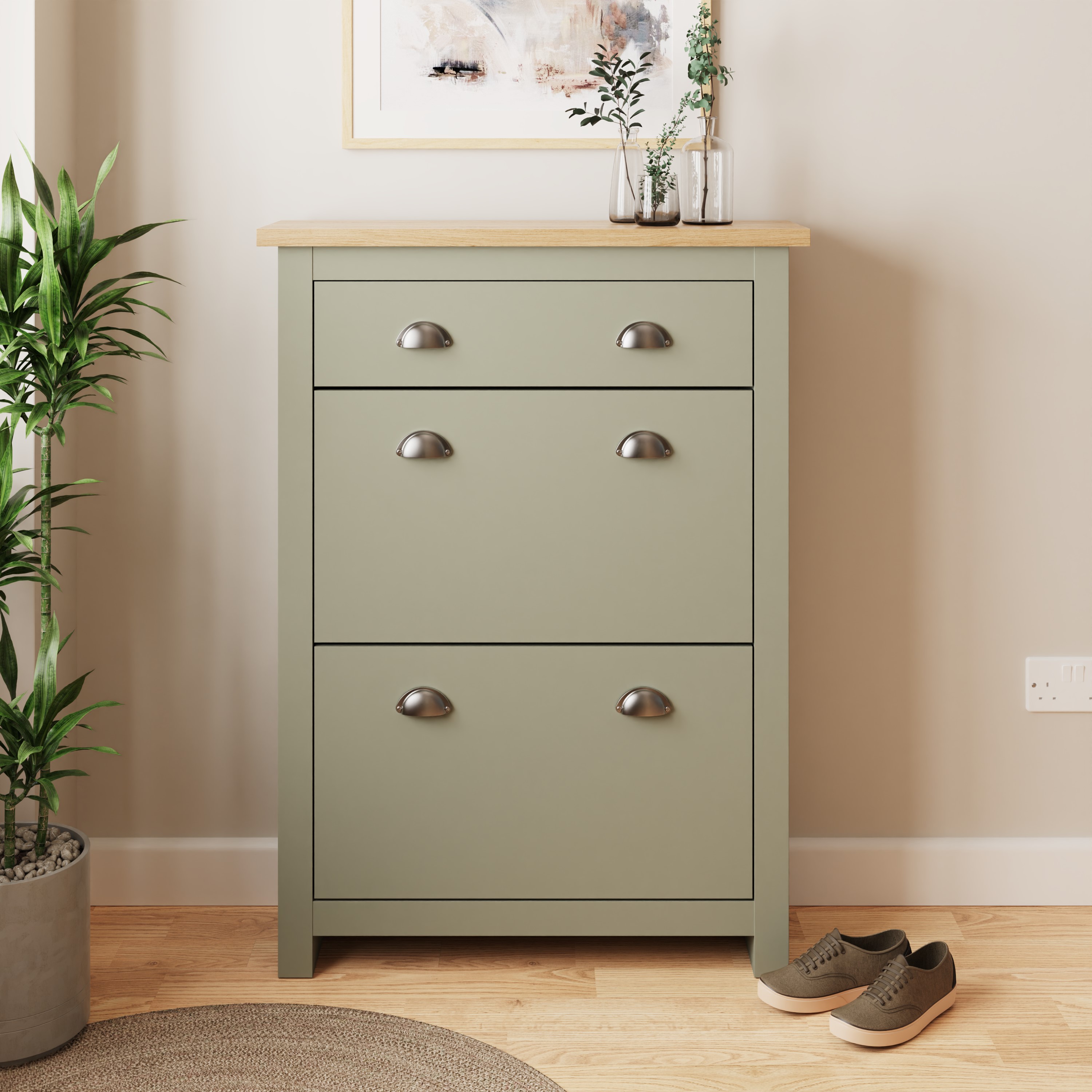 Shoes Cabinet - Antony 2 Door 1 Drawer Shoe Cabinet Sage Green and Bianco Oak - Campbell Craft