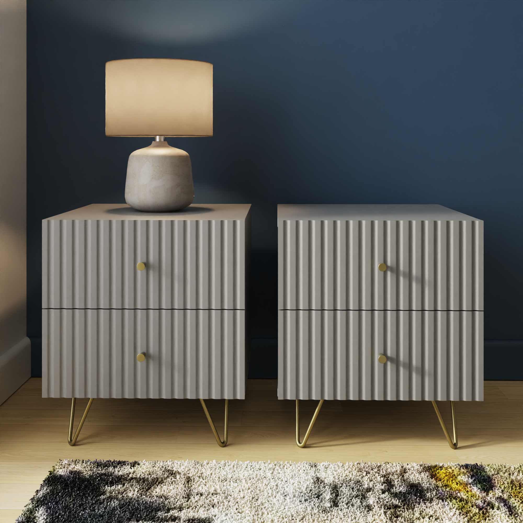 THARO Set of 2 Bedside Table with 2 Drawers Each - Grey - Campbell Craft