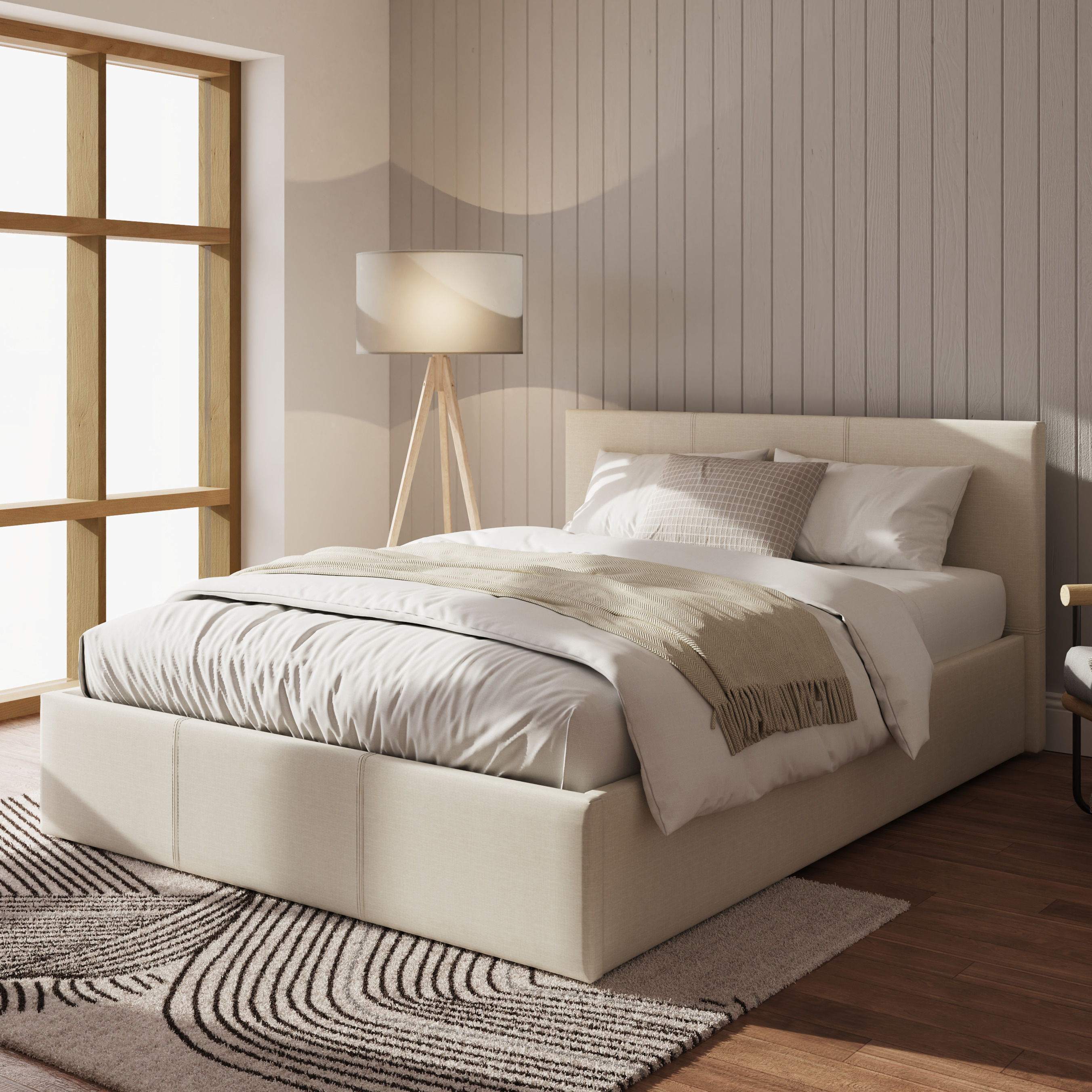 Side Lift Ottoman 5ft Kingsize Bed with Stitched Headboard and Hopsack Fabric - Natural - Campbell Craft