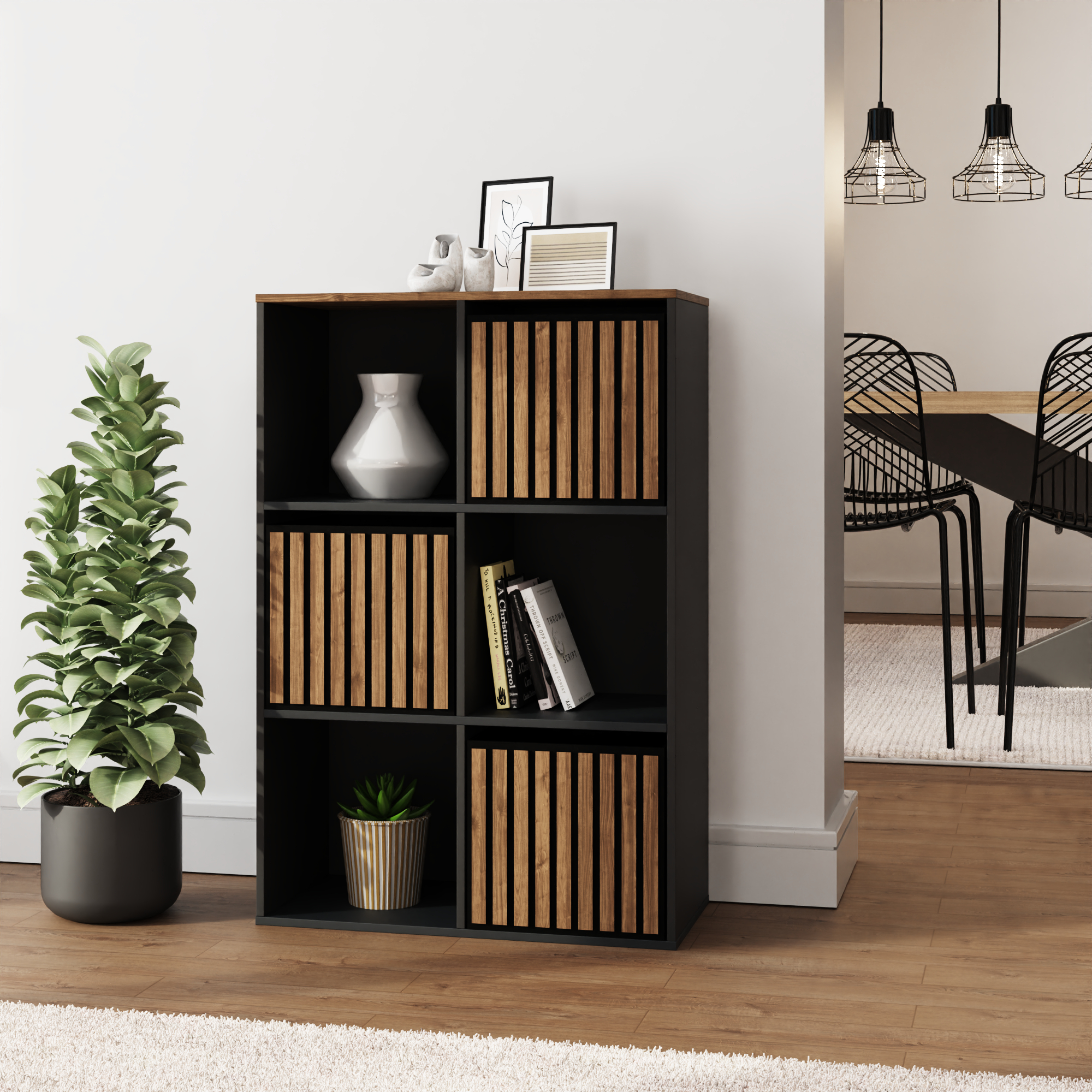 KUBIX 3 Cube Storage Unit with Walnut Accents - Black with Dark Oak - Campbell Craft