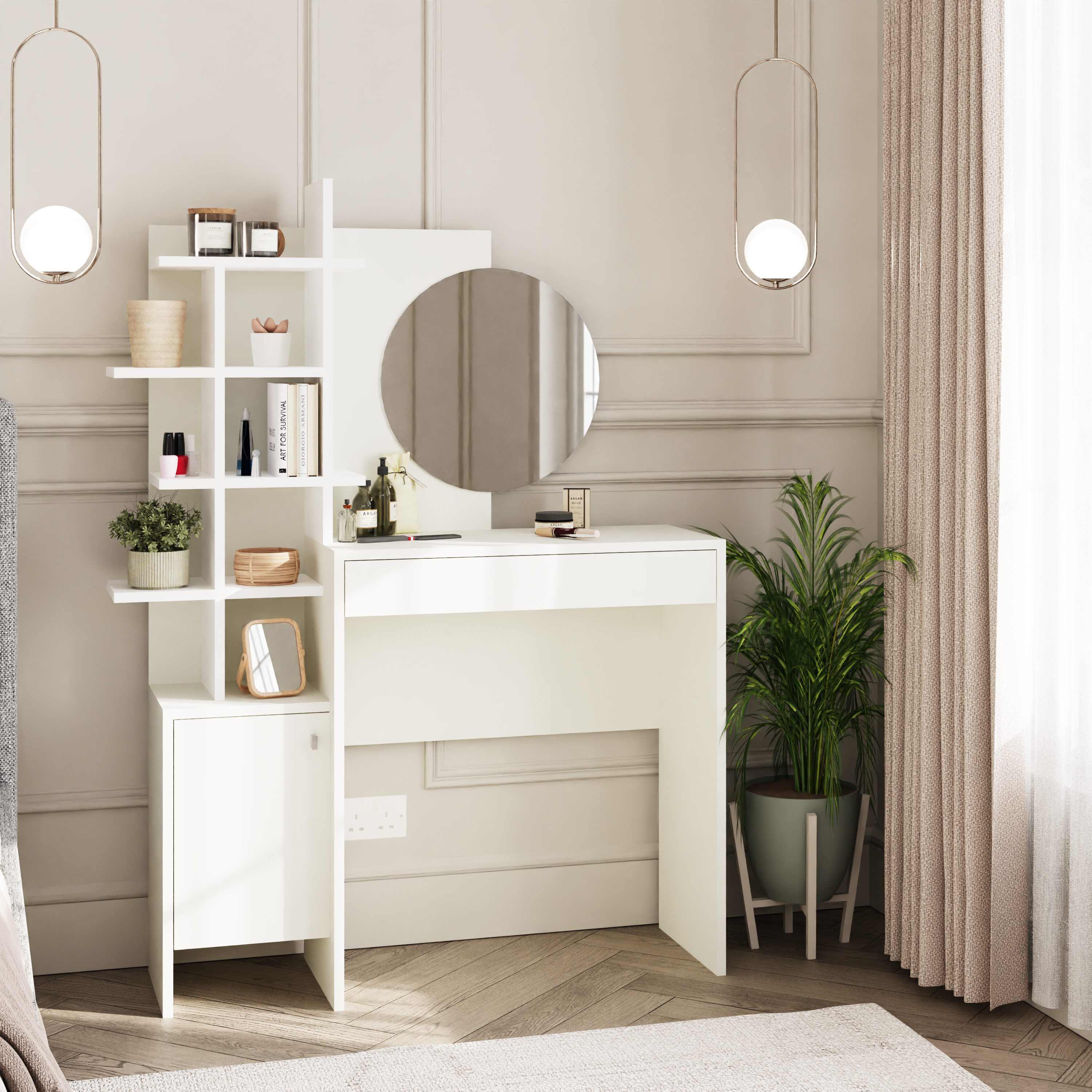 Elysian Haven White Five Tier Open Shelf Dressing Table with Round Mirror - White - Campbell Craft