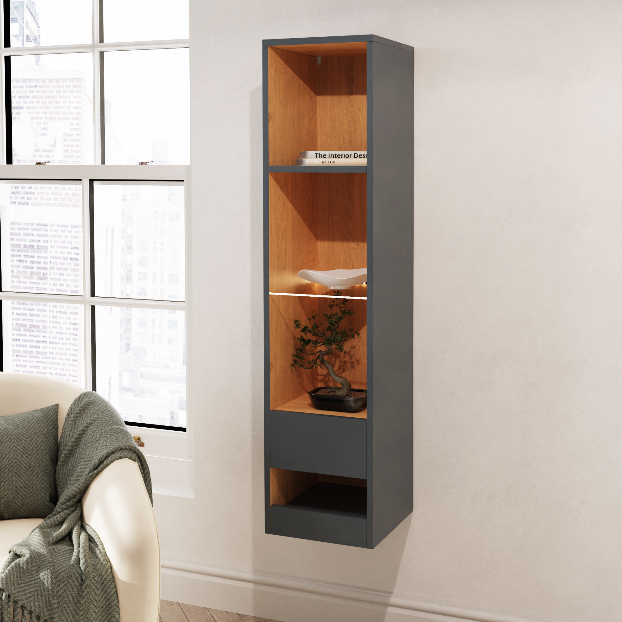Display Cabinet - Jessica Tall Shelf Unit with LED Anthracite and Oak - Campbell Craft