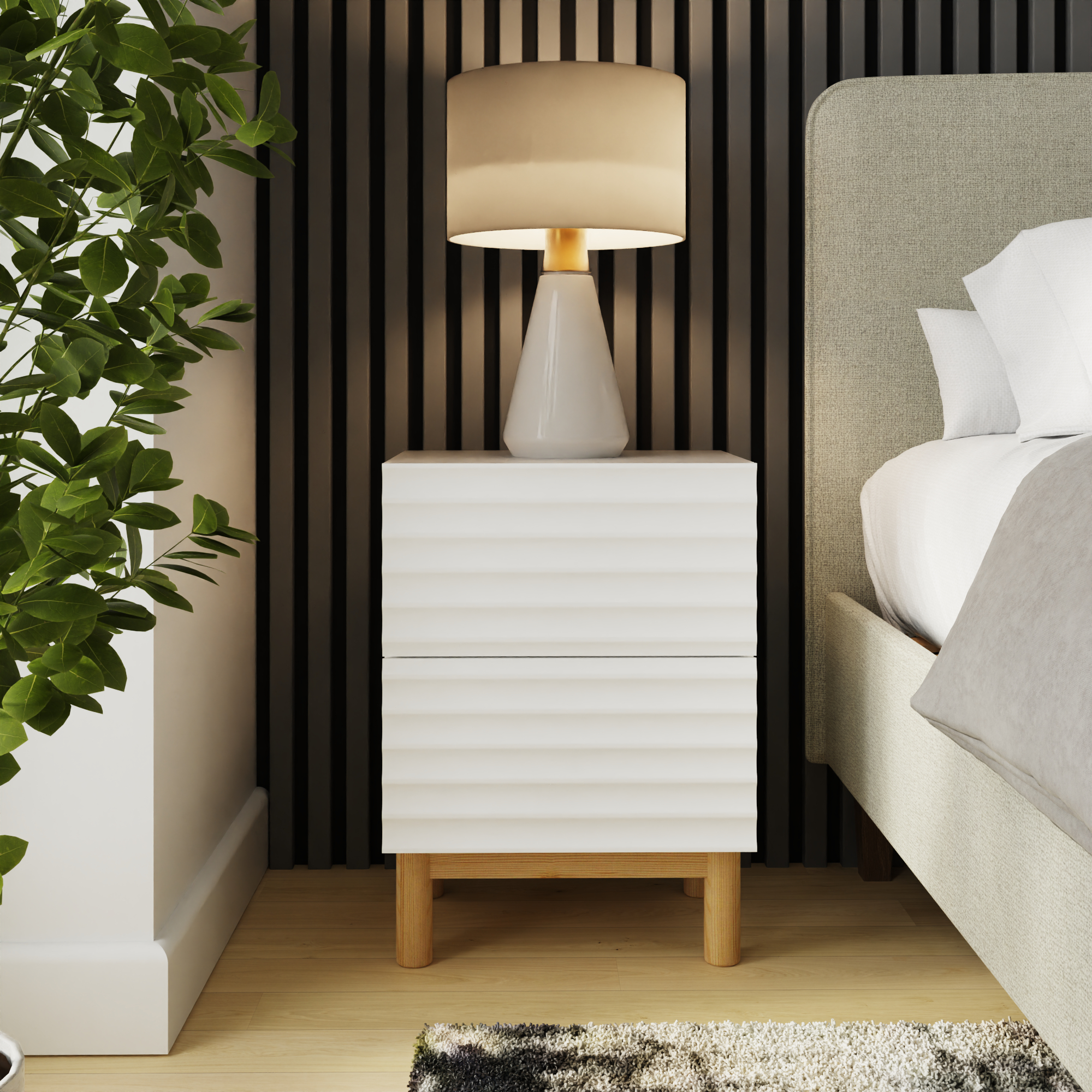 KARVO 2 Drawer Bedside Table with Ribbed Front - White - Campbell Craft