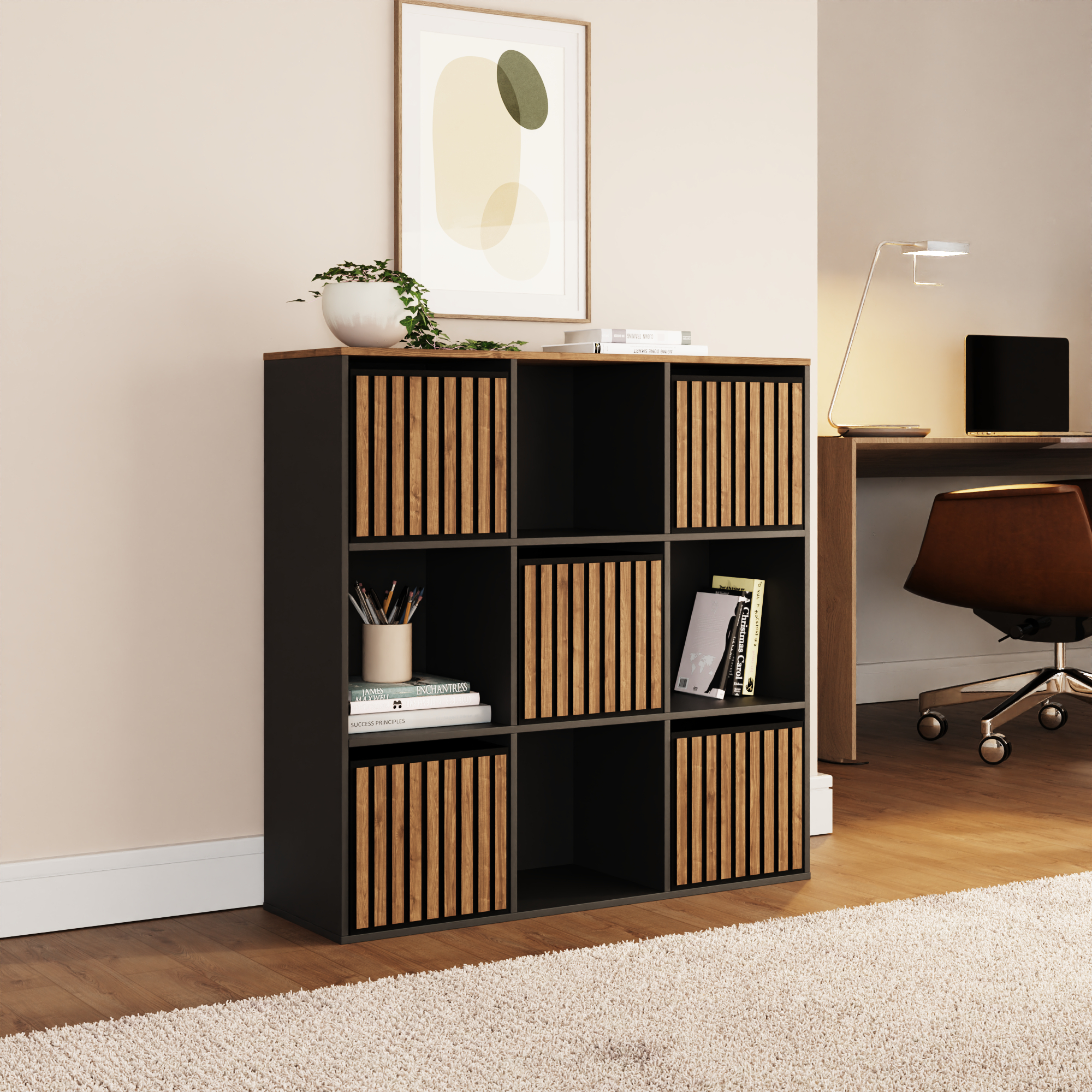 KUBIX 3x3 Cube Storage Unit with Walnut Accents - Black with Dark Oak - Campbell Craft