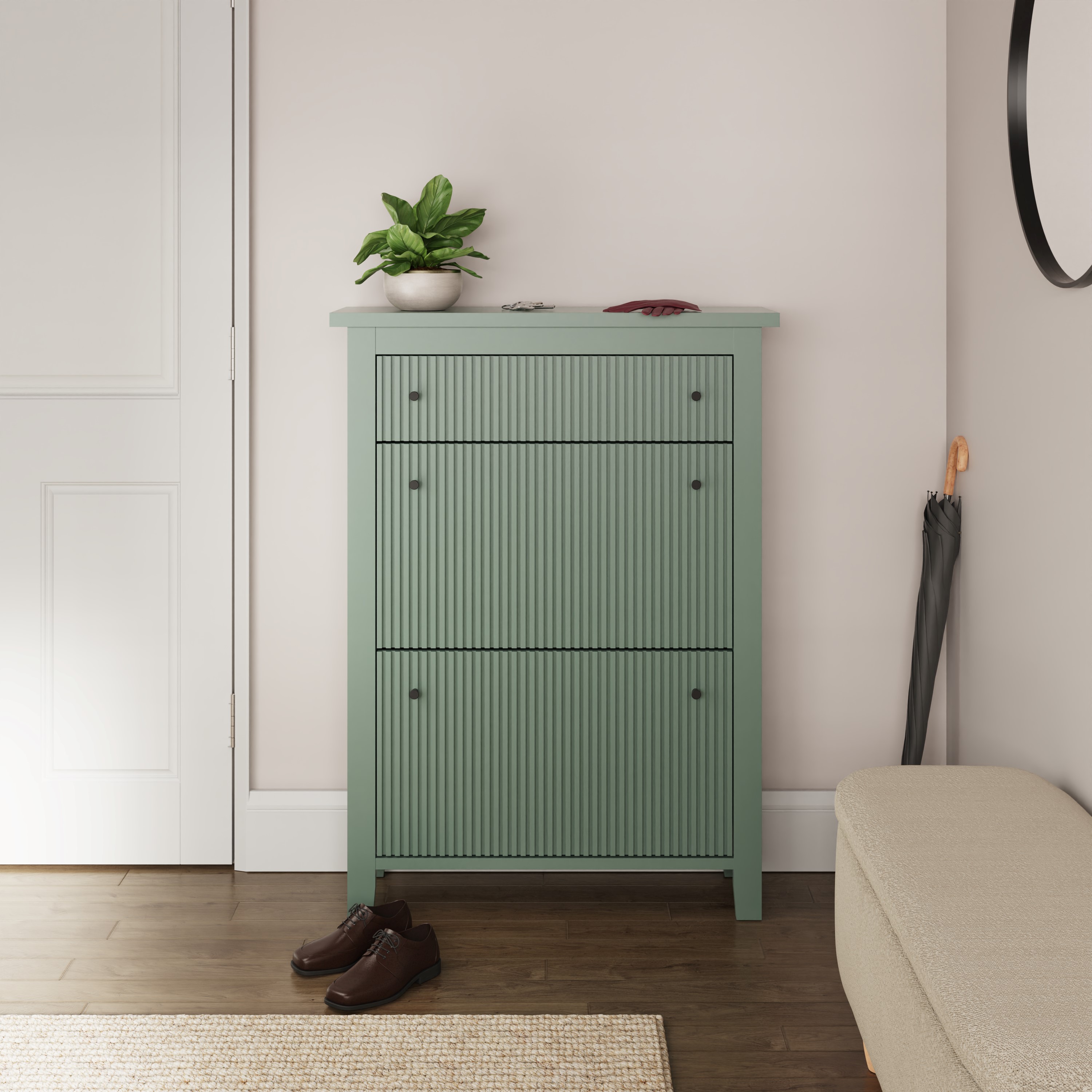 Hallway Shoe Storage Cabinet with Ribbed Front and Top Drawer - Green - Campbell Craft