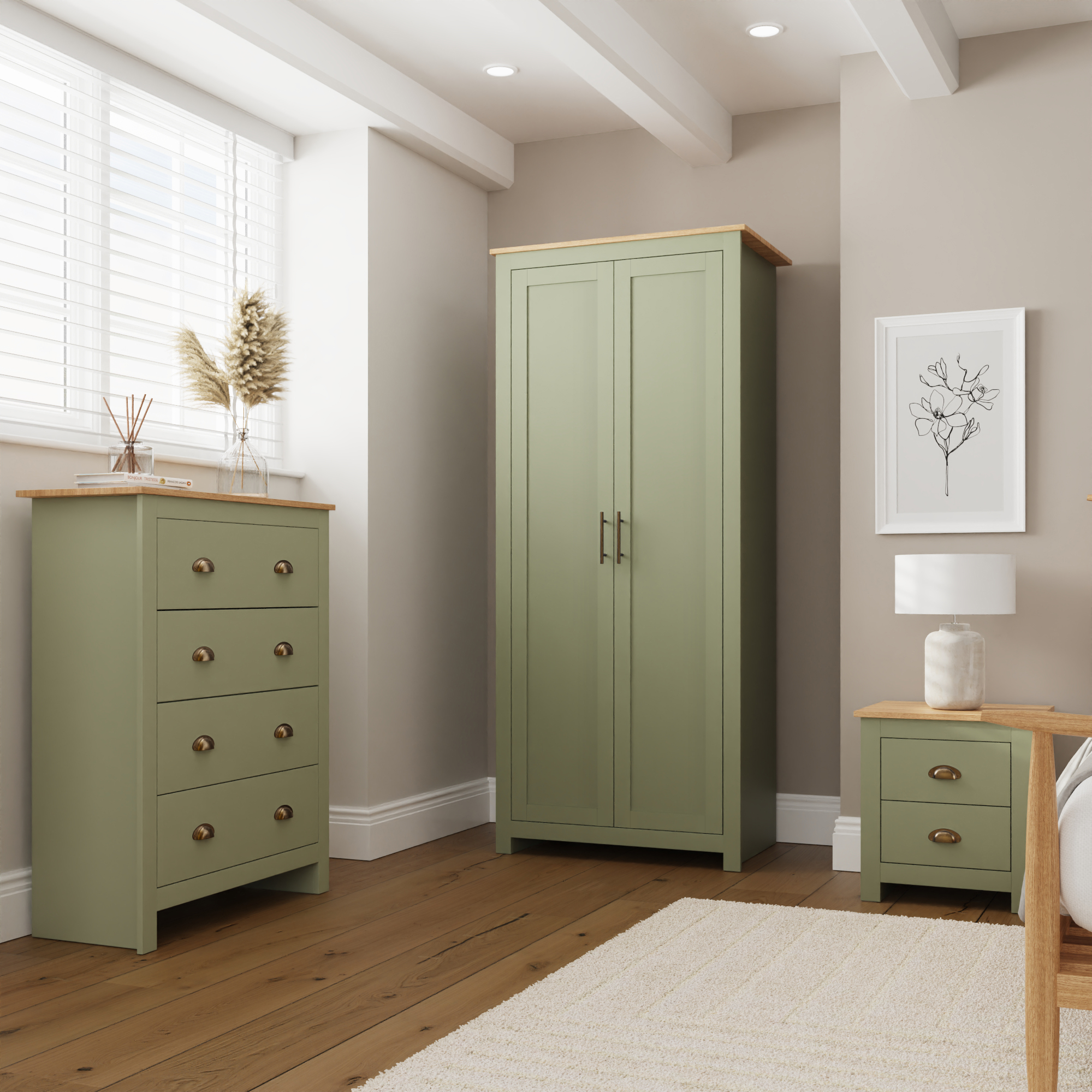 Wardrobe Set - LEVIS 2 Door Bedroom Set 3 Piece Sage Green 79cm - Campbell Craft