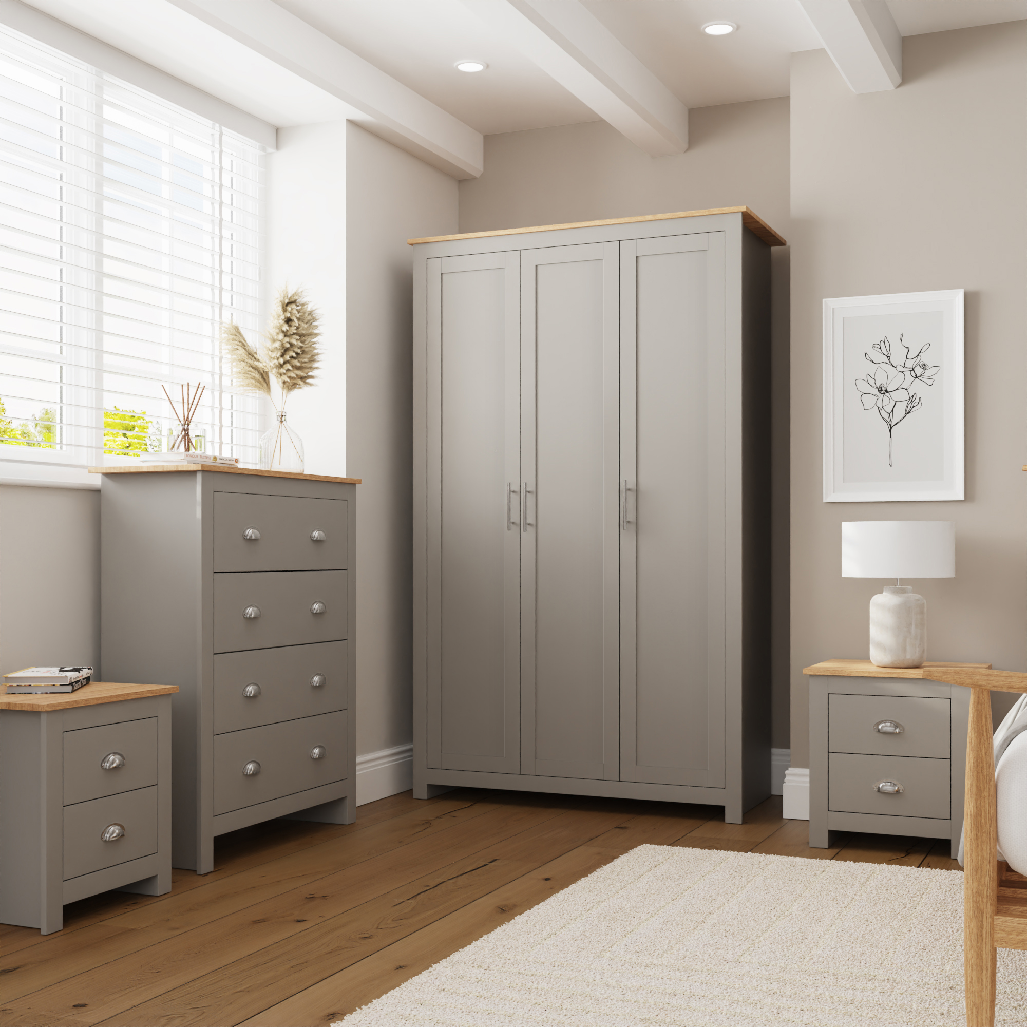 Wardrobe Set - LEVIS 3 Door Bedroom Set 4 Piece Grey 111.8cm - Campbell Craft