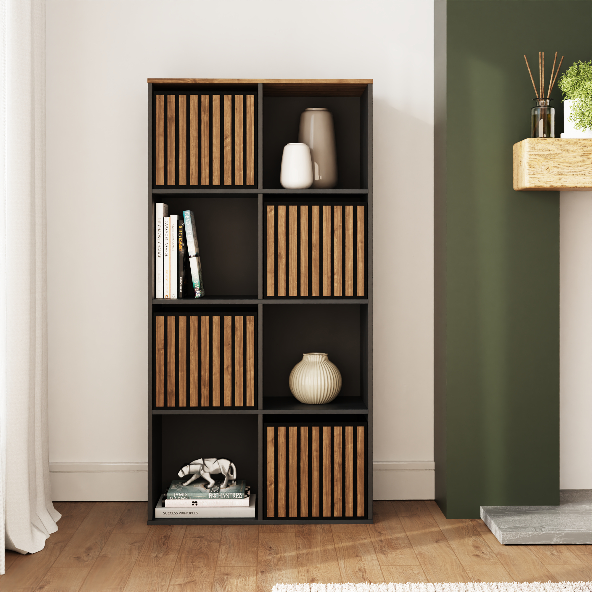 KUBIX 4 Cube Storage Unit with Walnut Accents - Black with Dark Oak - Campbell Craft