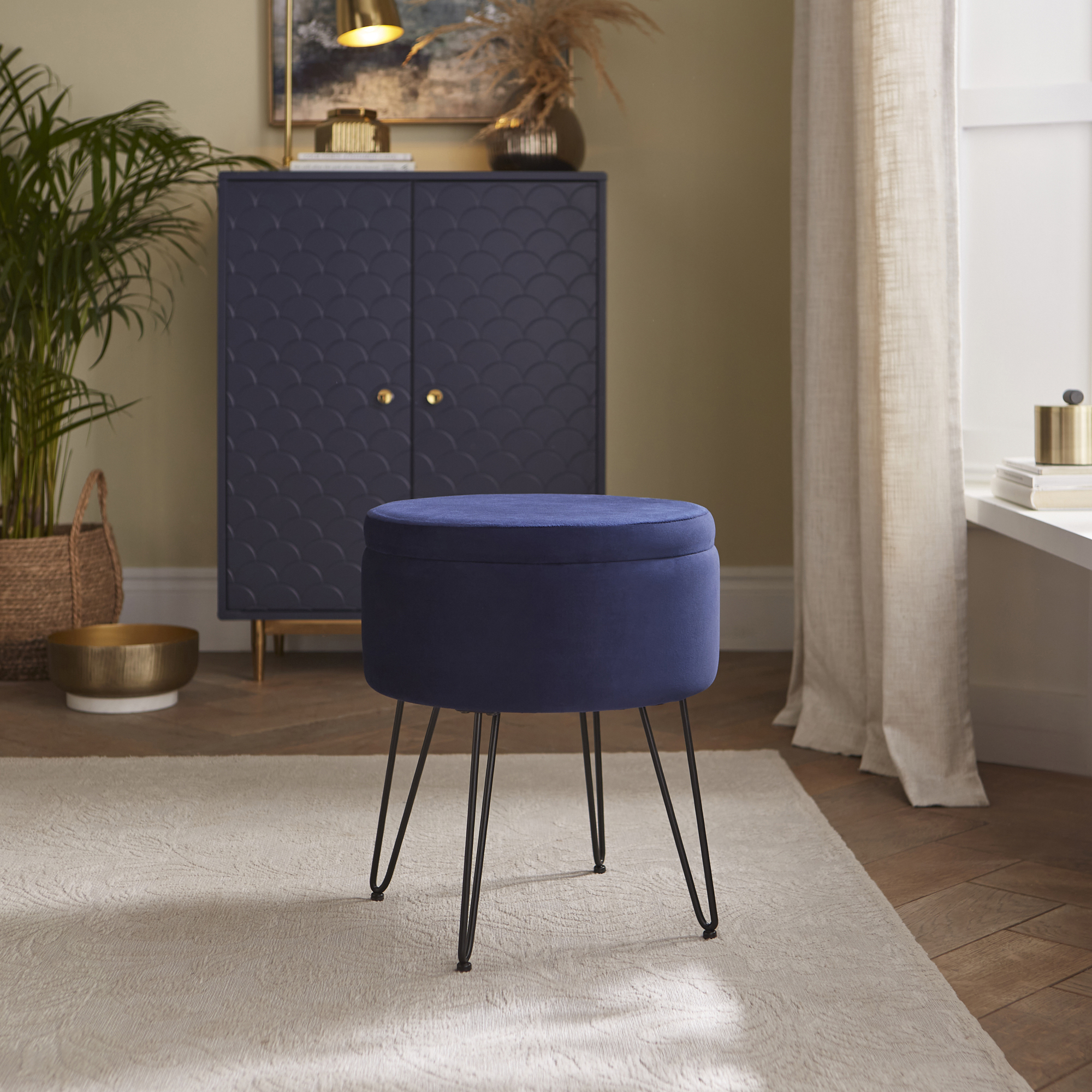 AVEN Soft Velvet Ottoman Storage Stool - Midnight Blue - Campbell Craft