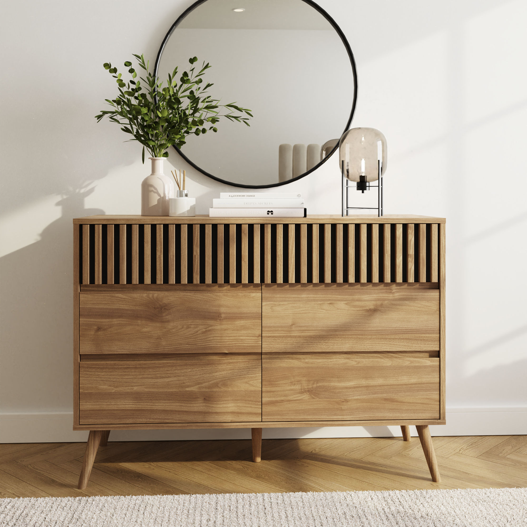 ROANELL Oak Finish Chest of Drawers - Large-sized, 4 Drawers, Double - Campbell Craft
