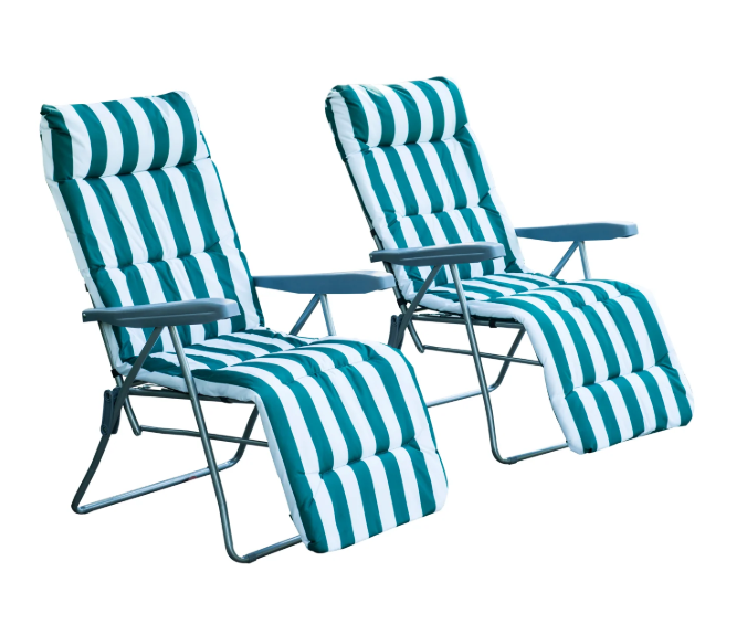 2PC Reclining Sun Lounger Chairs - Green and Blue - The Garden Savant