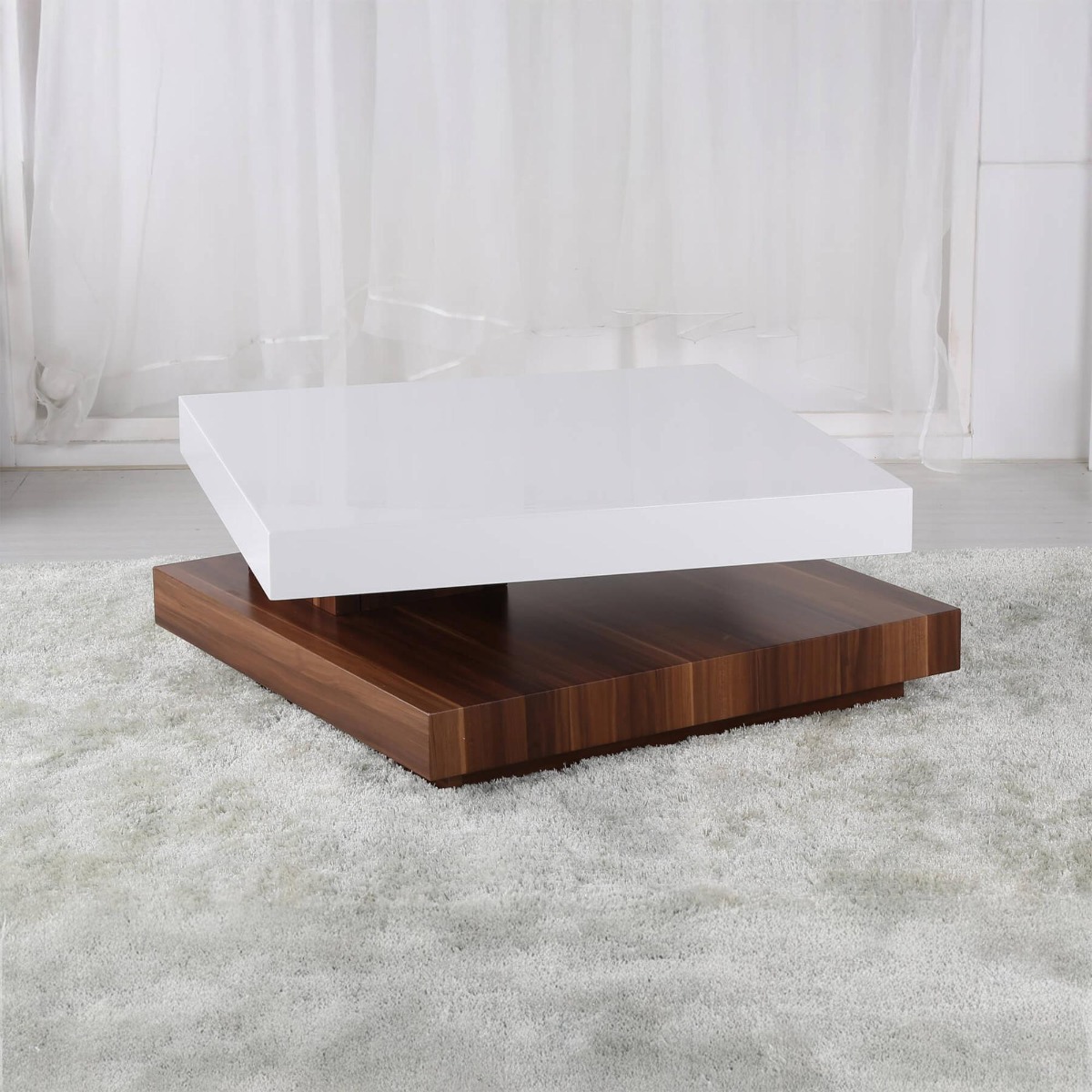 Fullerton High Gloss Moveable Square Coffee Table White and Walnut - Sigrid Mills