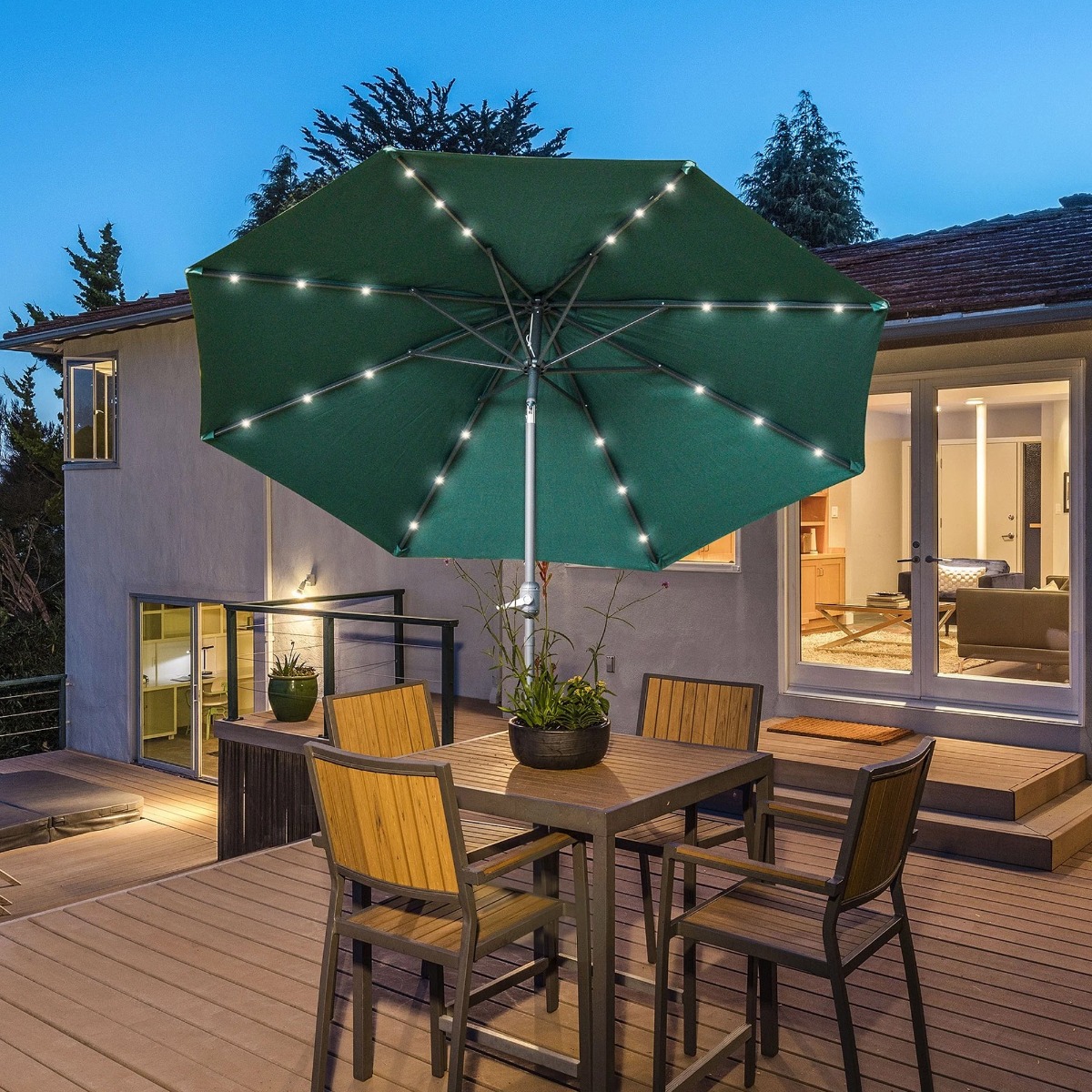 8 Ribs Tilt Crank Garden Parasol With LED Lights Green Colour - 2.7M - Gardens Direct