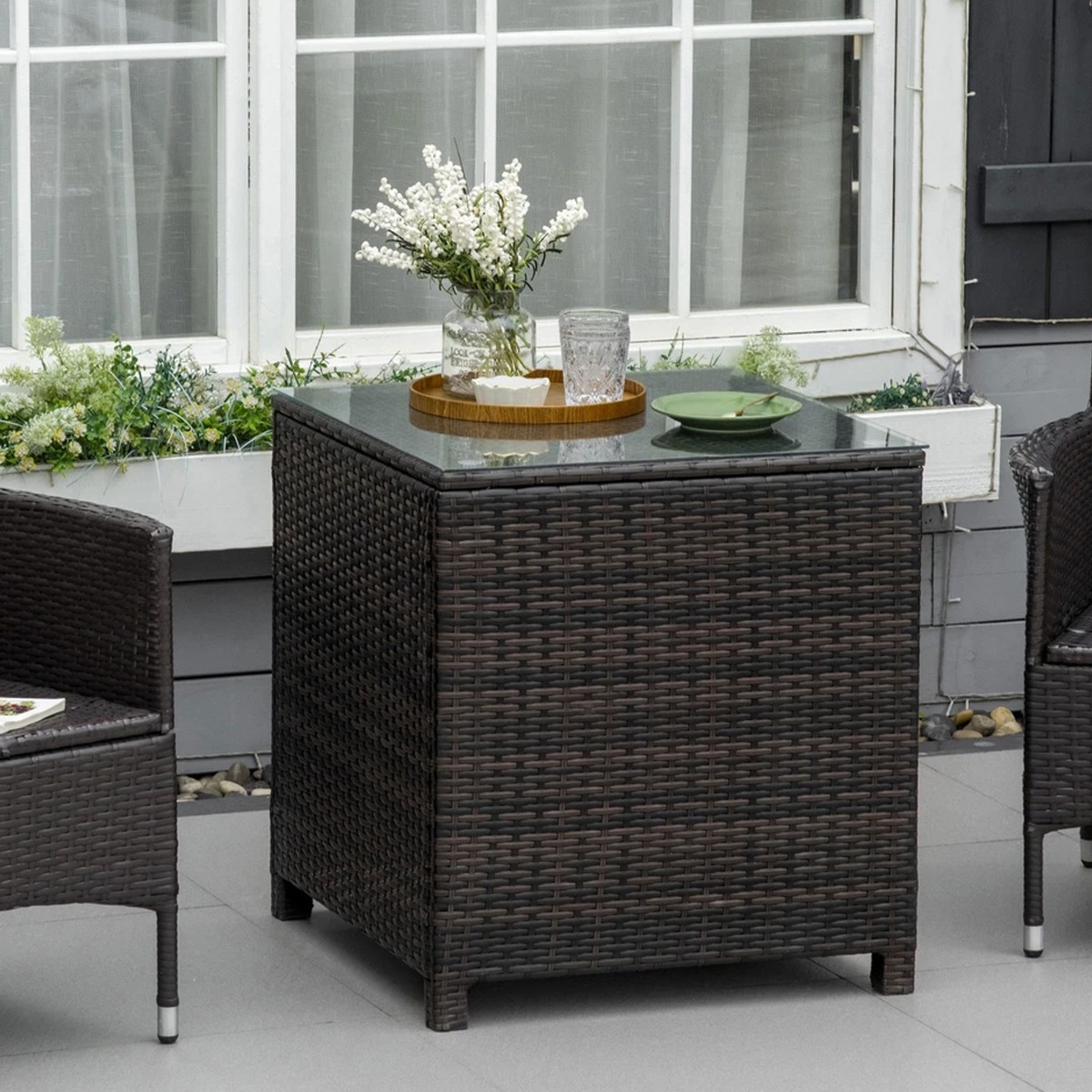 Rattan Wicker Tempered Glass Garden Table - Mixed Brown - Gardens Direct