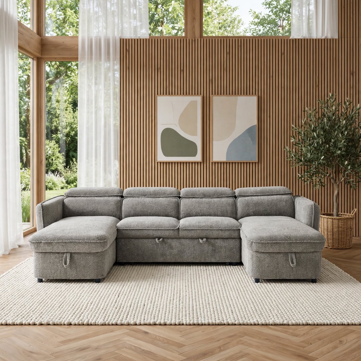 ELVAREN Fabric 4 Seater U Shaped Corner Sofa Bed - Grey