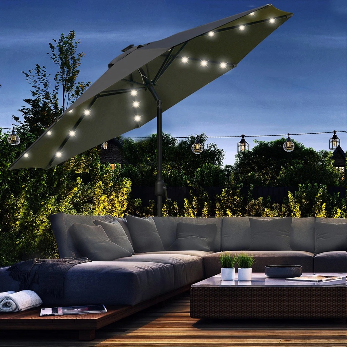 8 Ribs Crank Tilt Garden Parasol With LED Lights - 2.7M - Gardens Direct