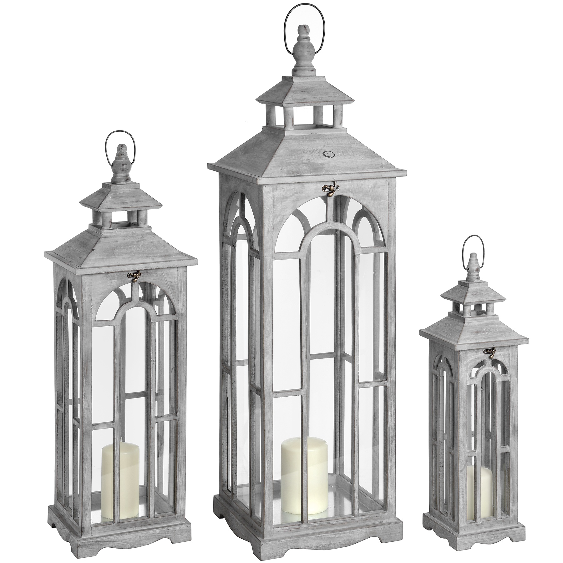 Grey Wooden Lanterns With Archway Design - Set Of 3 - Corinthia Corner