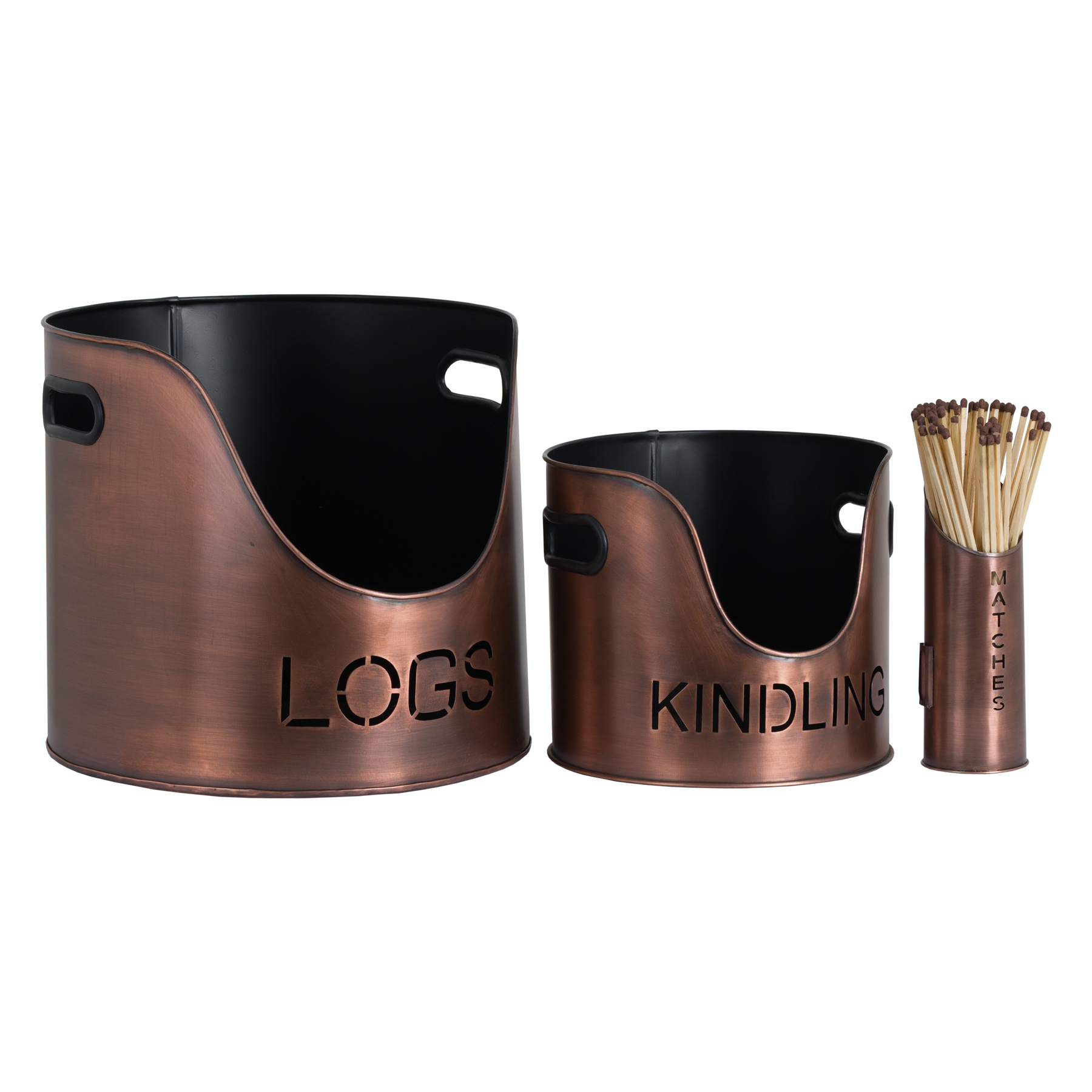 Copper Finish Logs Kindling Buckets and Matchstick Holder - Corinthia Corner