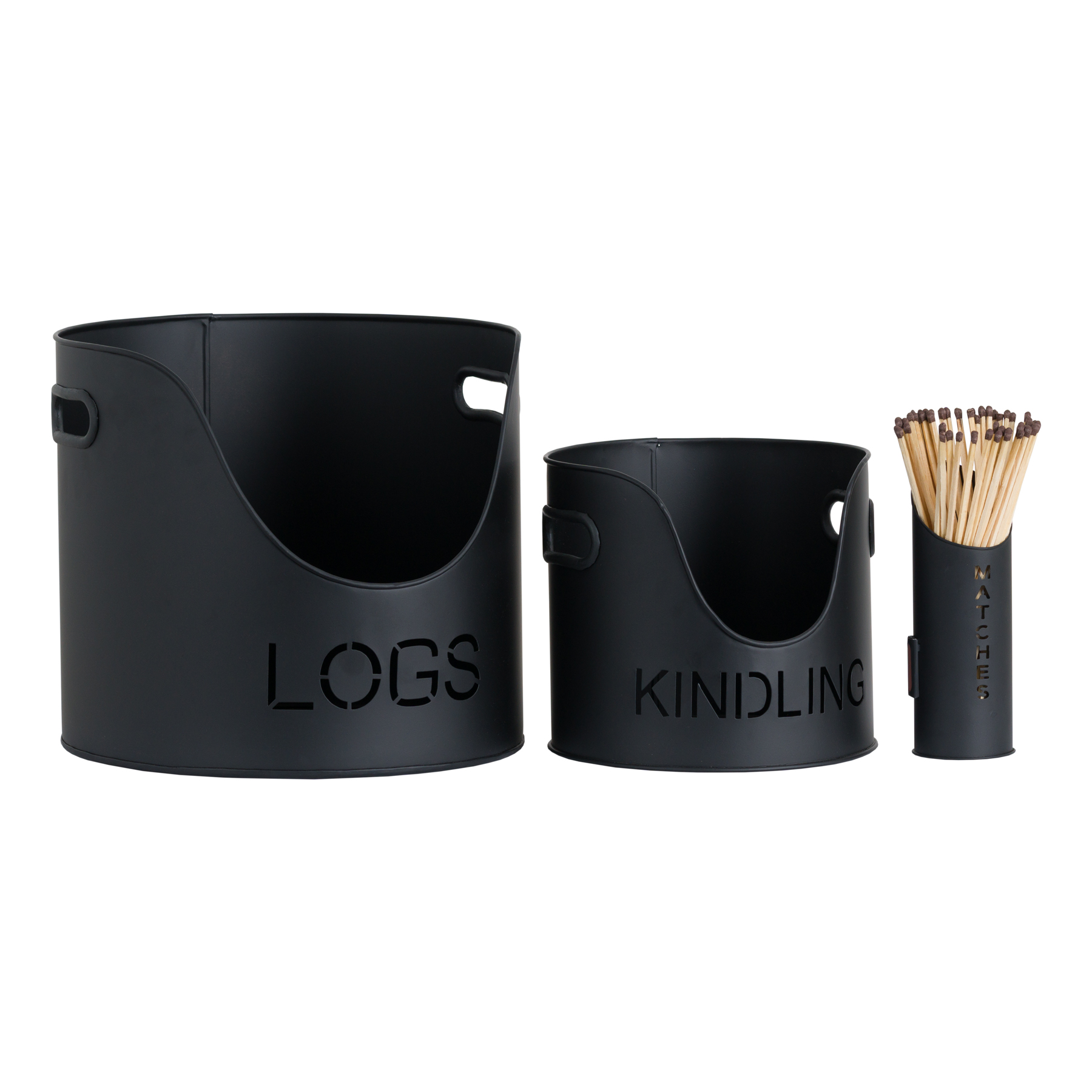 Black Finish Logs Kindling Buckets and Matchstick Holder - Corinthia Corner