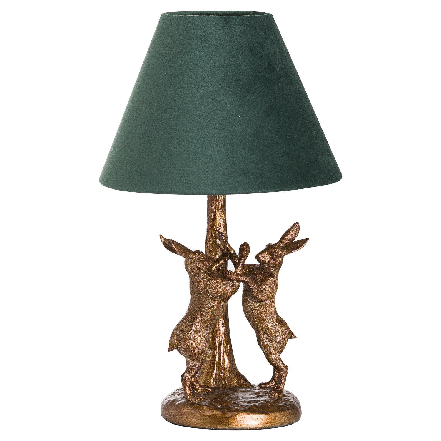 Marching Hares Lamp With Green Velvet Shade - Antique Gold - Corinthia Corner