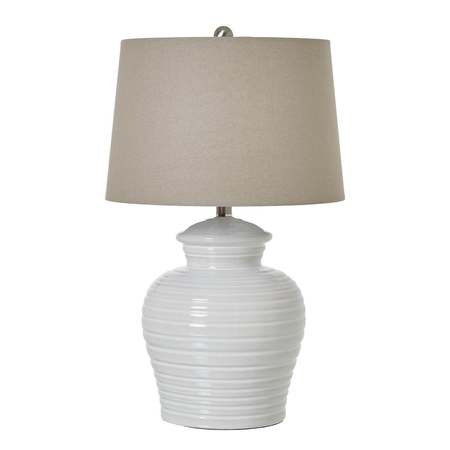 White Ceramic Pot Lamp With Linen Shade - Corinthia Corner