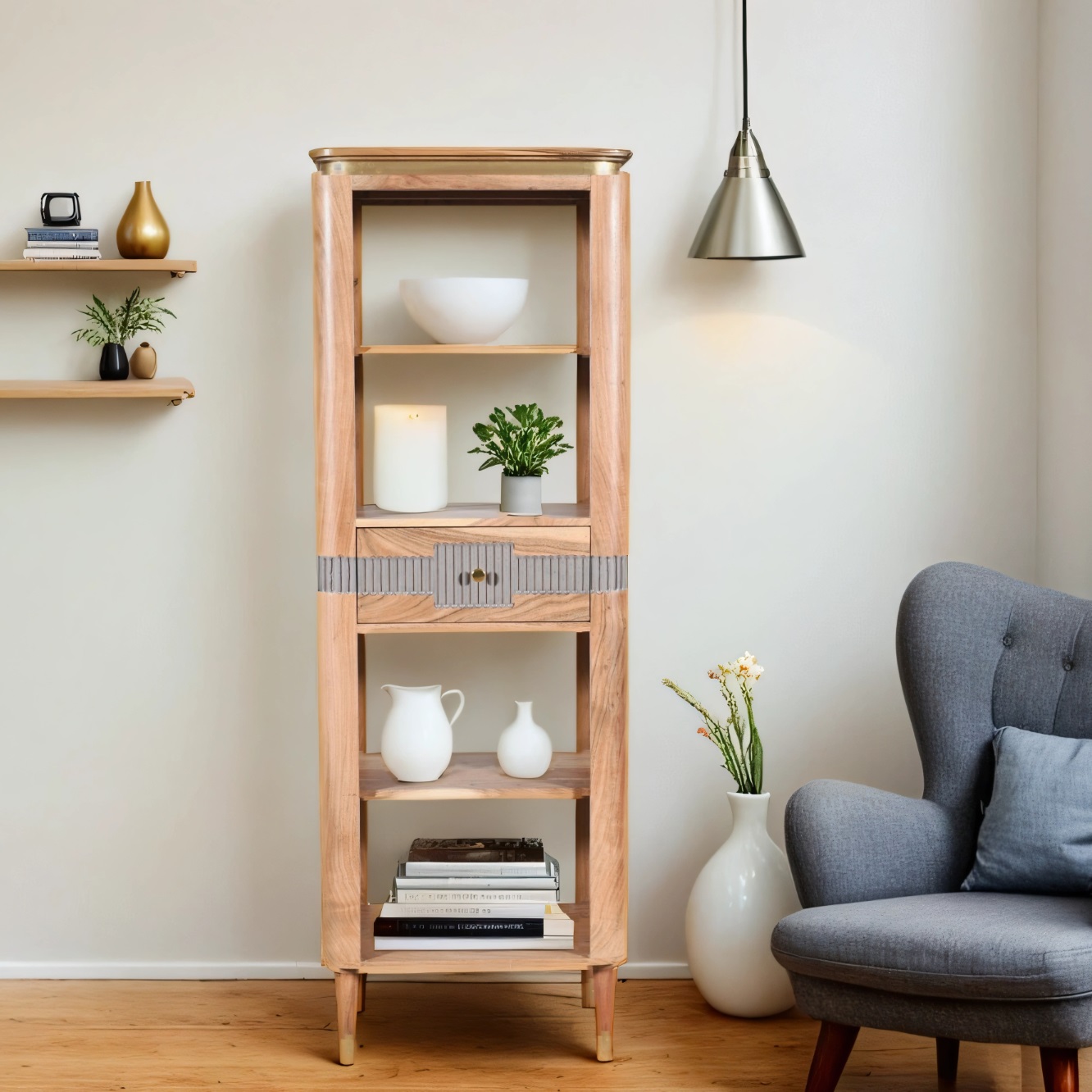 WALTON Acacia Wood 1 Drawers Open Bookcase - Oak Finish - Elfrida Interiors