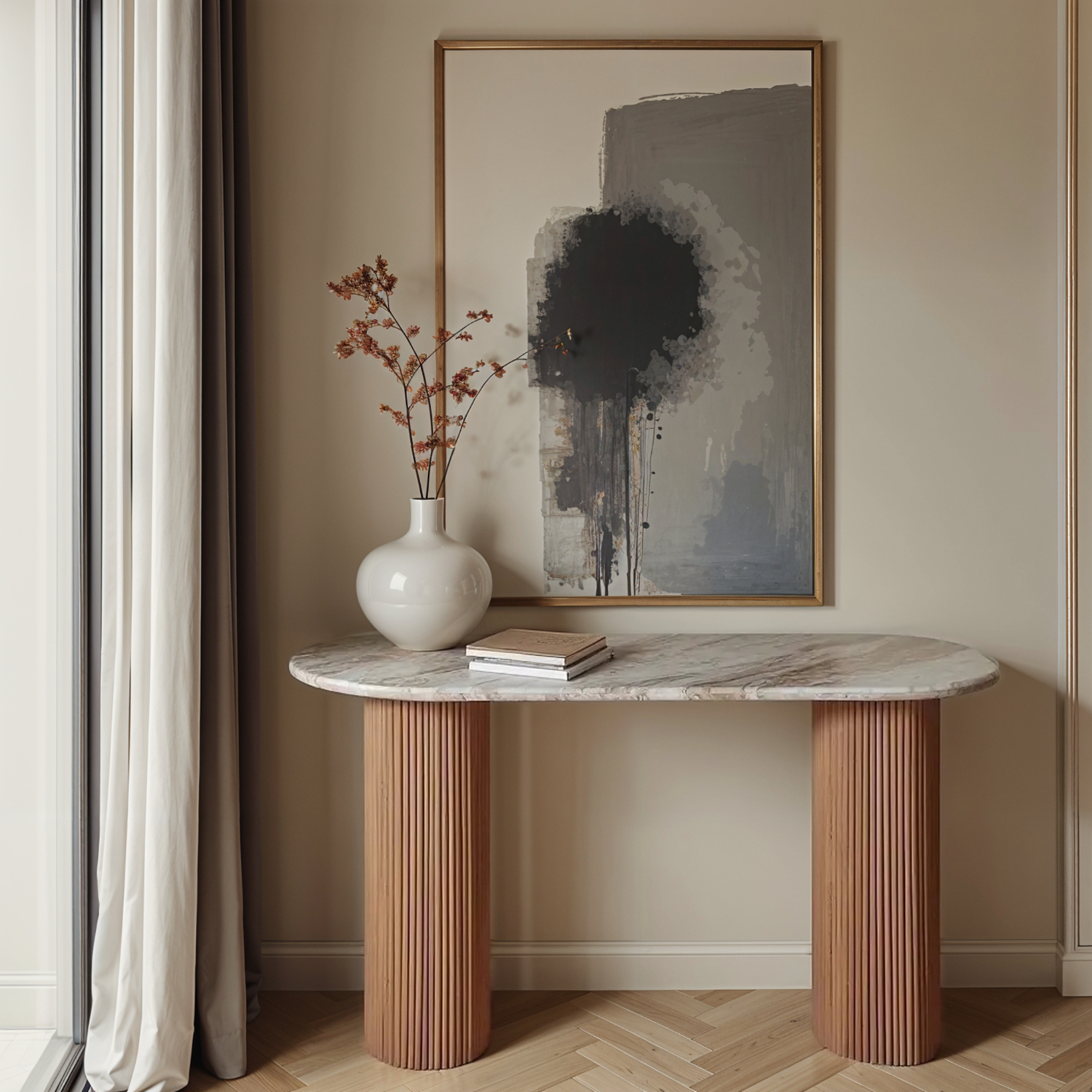 ASHMERE Natural Marble and Wood Pedestal Console Table - Oak Finish - Elfrida Interiors