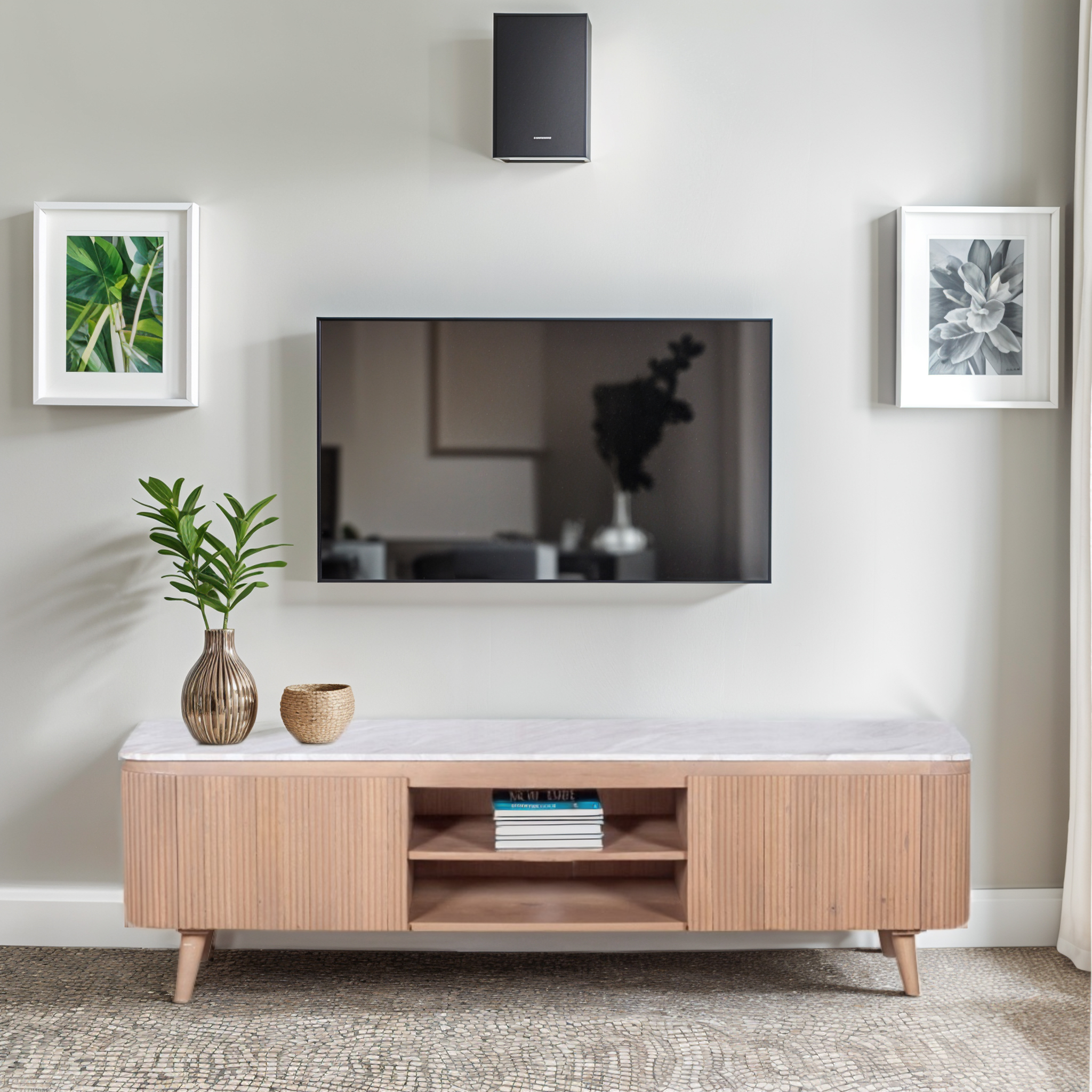 ASHMERE Natural Marble and Wood Large TV Cabinet - Oak Finish - Elfrida Interiors