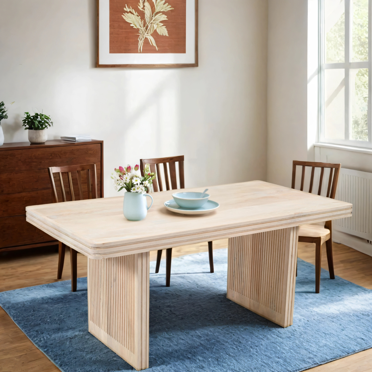 HADDON Carved Mango Wood Dining Table - Oak Finish - Elfrida Interiors