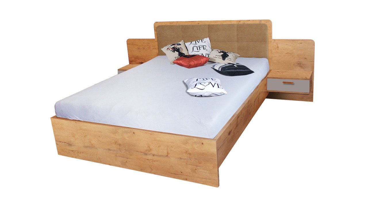 React Modern Design Headboard EU Kingsize Bed with Floating Style Bedsides - Oak Lancelot - Art Nest