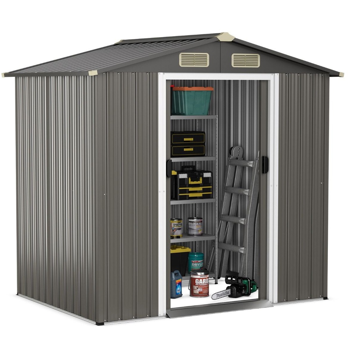 Garden Storage - 6 x 4 Feet Outdoor Metal Storage Shed with Ventilation Sliding Doors-Light Grey - Savings Store