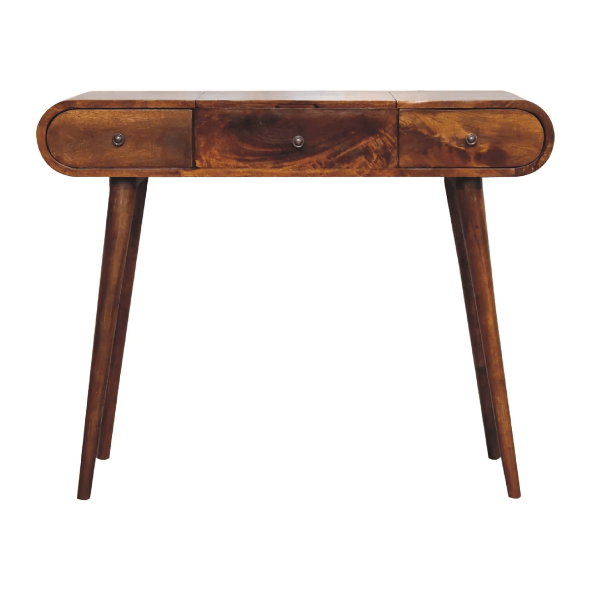 Dressing Table - RUSTICO 3 Drawer Curved Dresser with Foldable Mirror Brown 100cm - Home Done