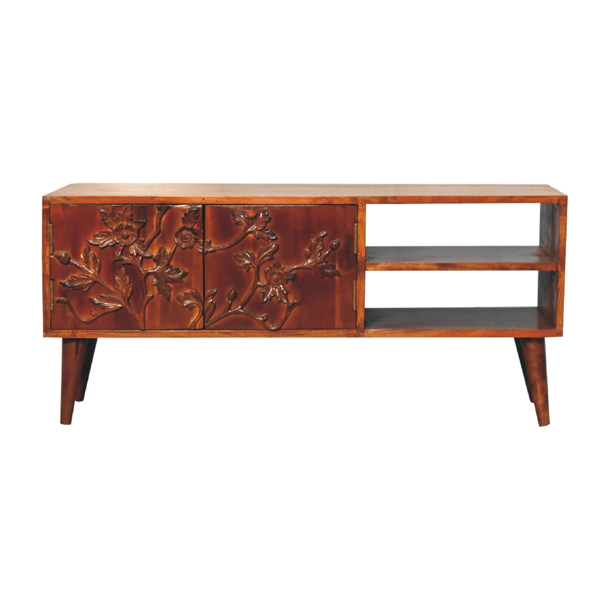 Selene Vintage Media Unit with Delicate Floral Carvings - Chestnut - Beasley & Sons