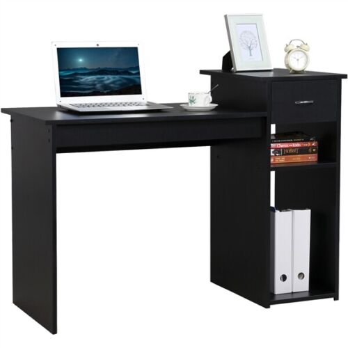 Writing and Computer Desk with Drawer and Shelves Study Table - Black - Bedroom & More