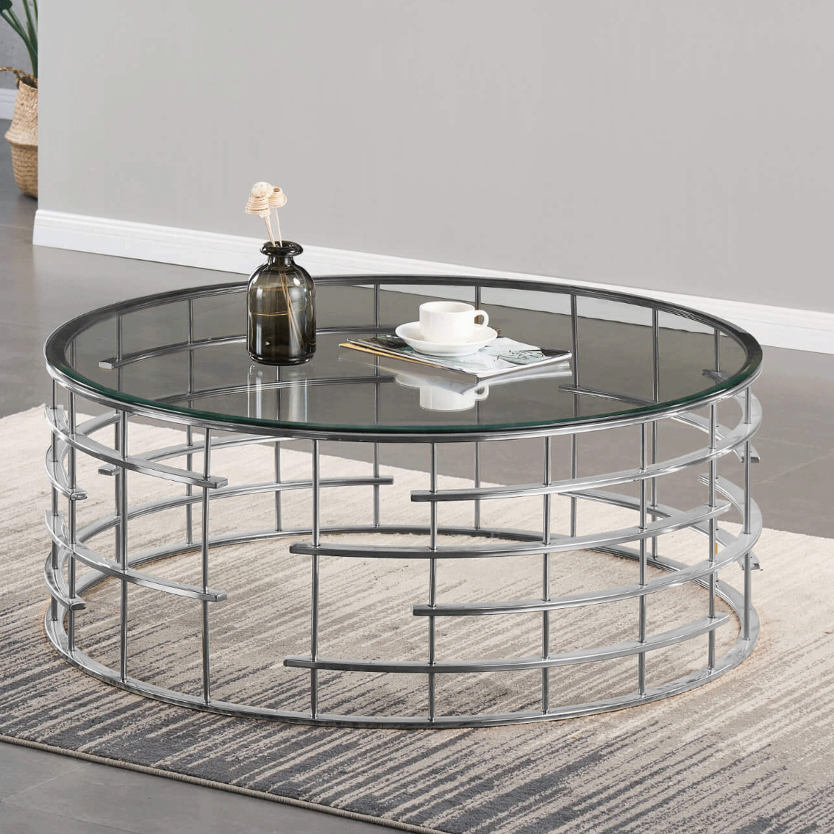 Monterey Circular Coffee Table Clear Glass Top, Silver Stainless Steel Base - Modern Elegance - Sigrid Mills