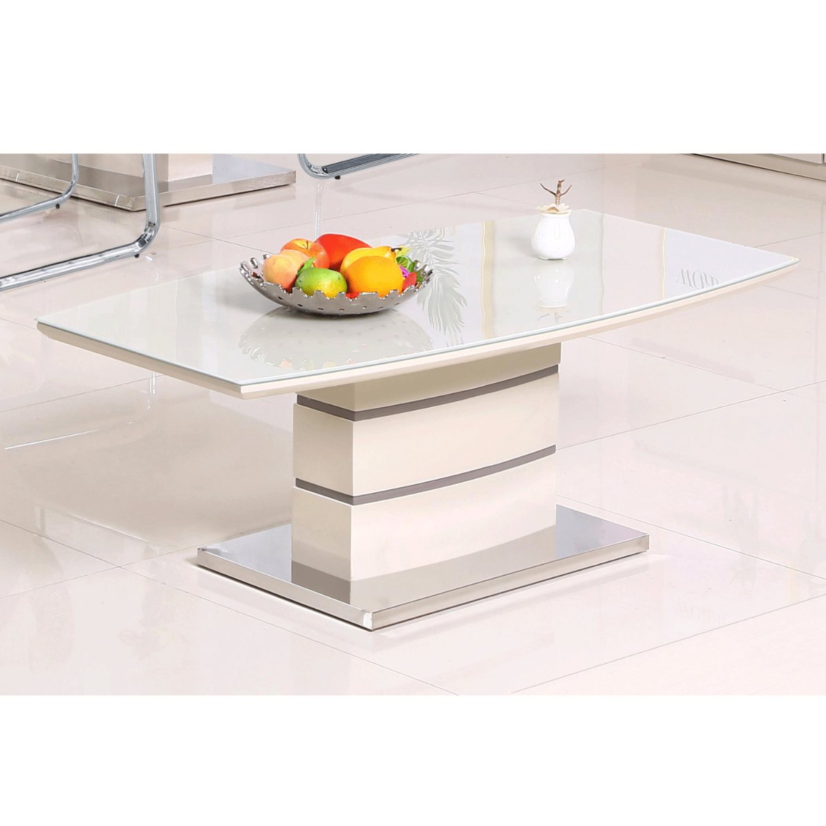 Birkenhead High Gloss Coffee Table with Stainless Steel Base in Glass Top Elegance in Cappuccino and Champagne - Sigrid Mills