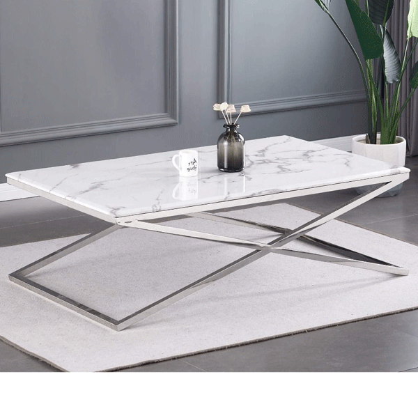 Lesbury Stylish Silver Frame Coffee Table with Artificial Marble Top - Sigrid Mills