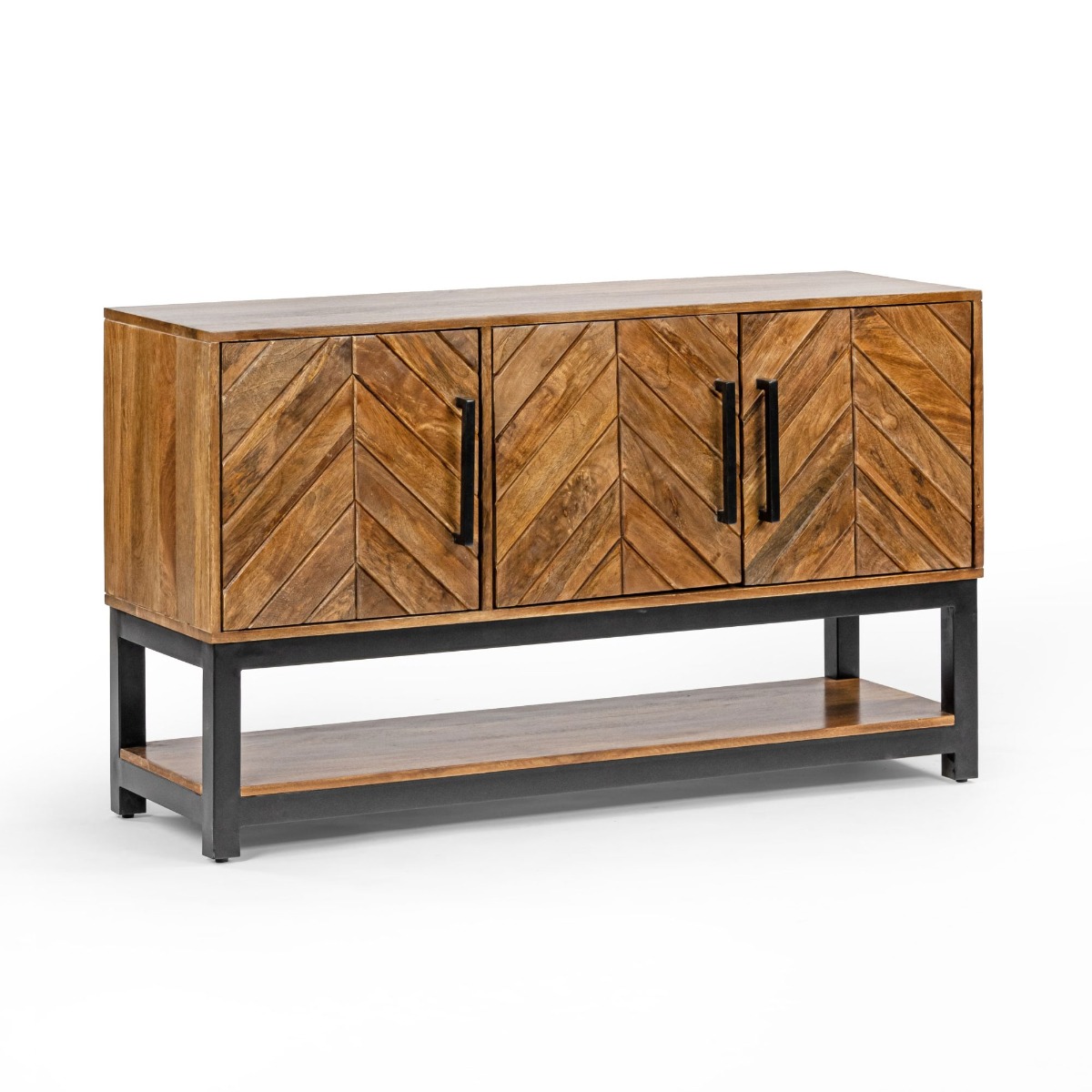 Kamala Metal Legs Frame Low Height Console Table with 4 Doors - Mango Wood - Cybil & Clive