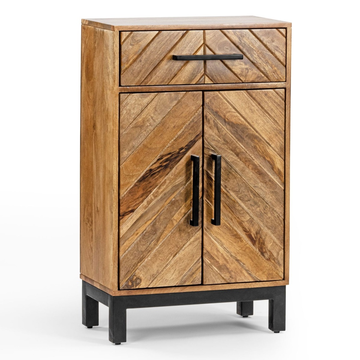Kamala Metal Legs Frame Compact 2 Door Tall Sideboard with Drawer - Mango Wood - Cybil & Clive