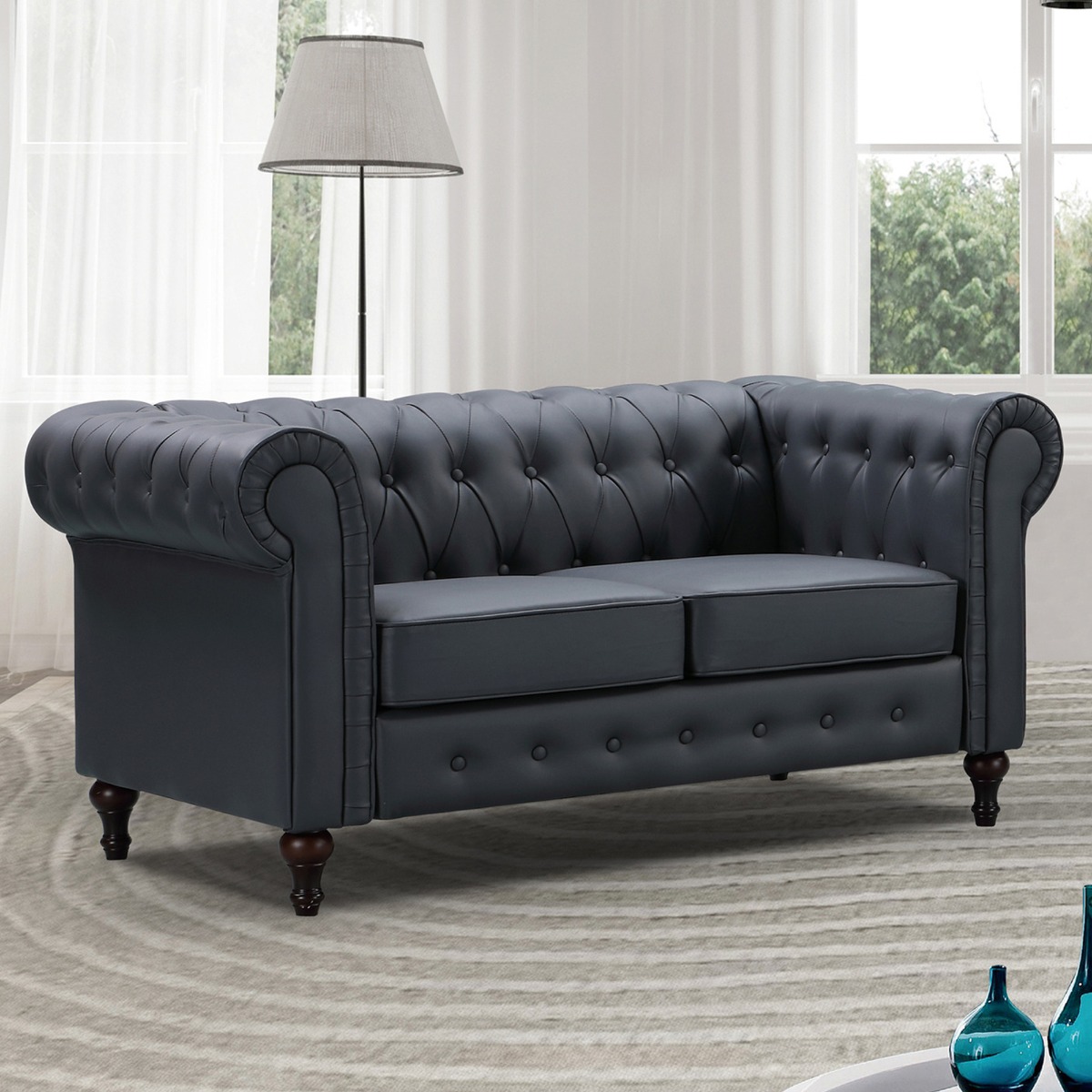 2 Seater Sofa - BELFORIA Leather Chesterfield Sofa - Grey - Archie Homes