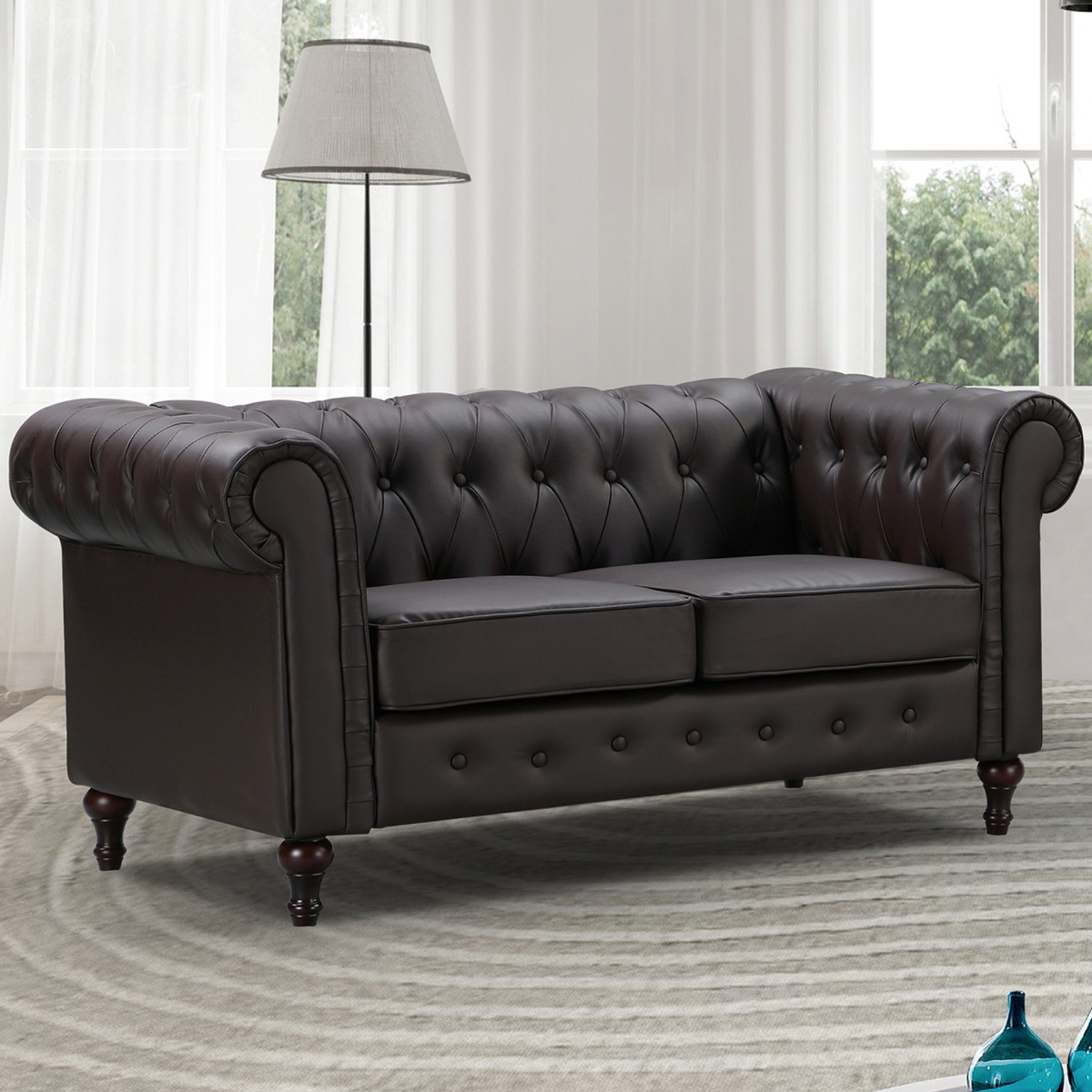 2 Seater Sofa - BELFORIA Leather Chesterfield Sofa - Brown - Archie Homes