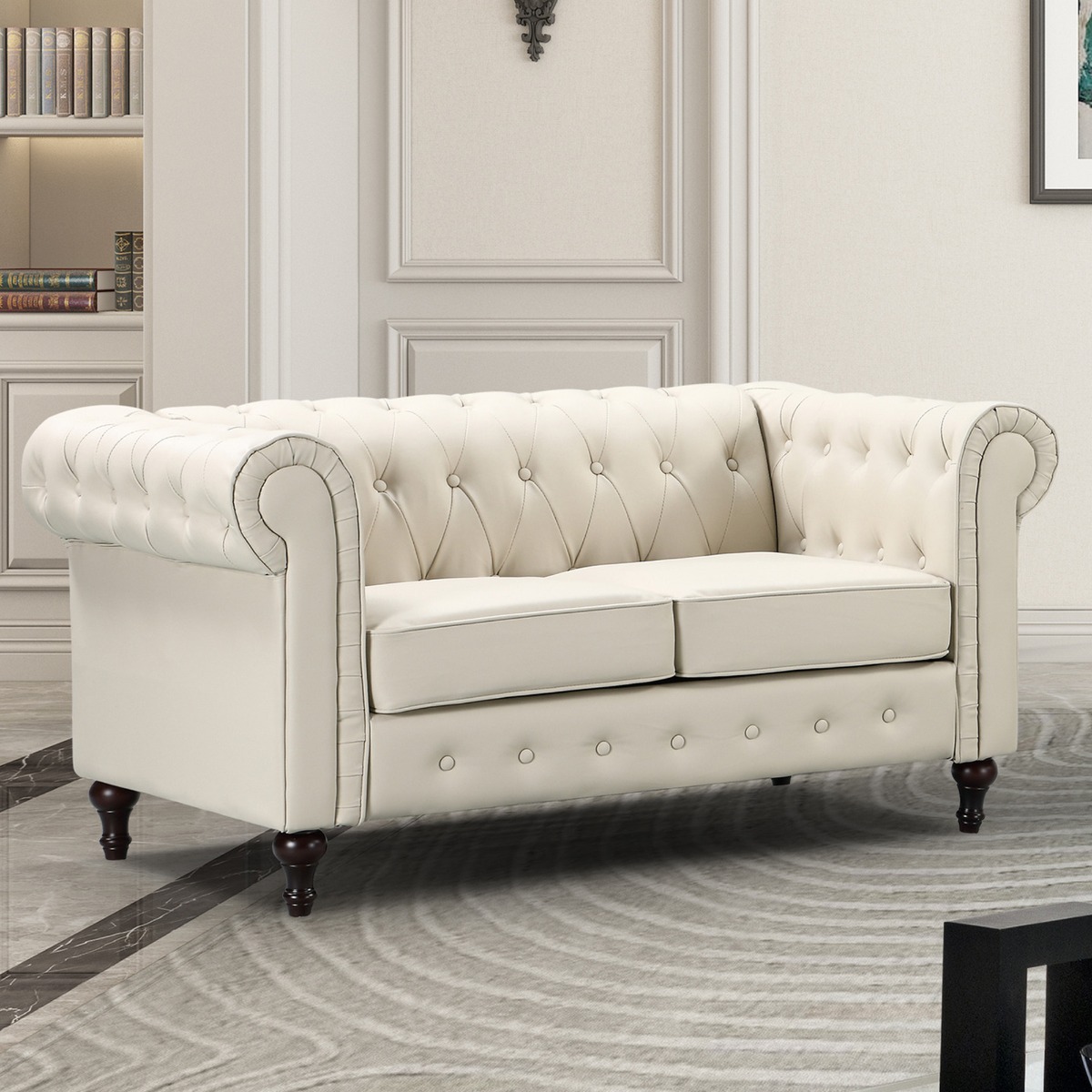 2 Seater Sofa - BELFORIA Leather Chesterfield Sofa - Cream - Archie Homes