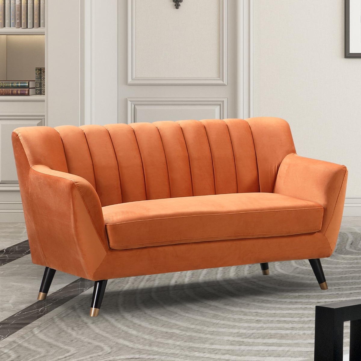2 Seater Sofa - VIVENTO Velvet Fabric Sofa - Orange - Archie Homes