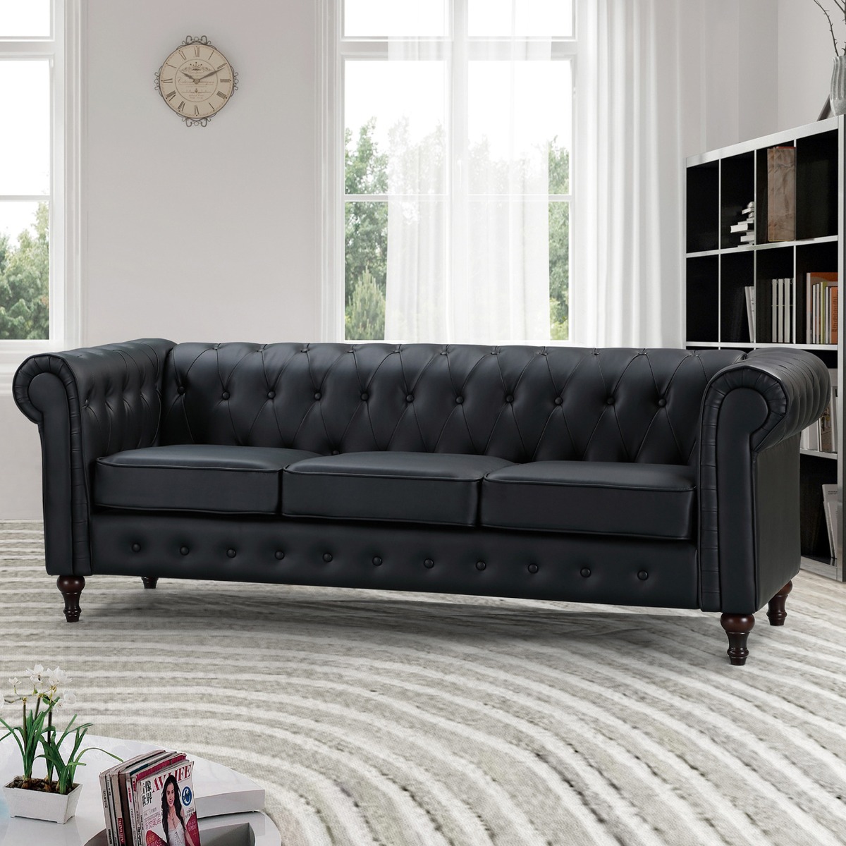 3 Seater Sofa - BELFORIA Leather Chesterfield Sofa - Black - Archie Homes