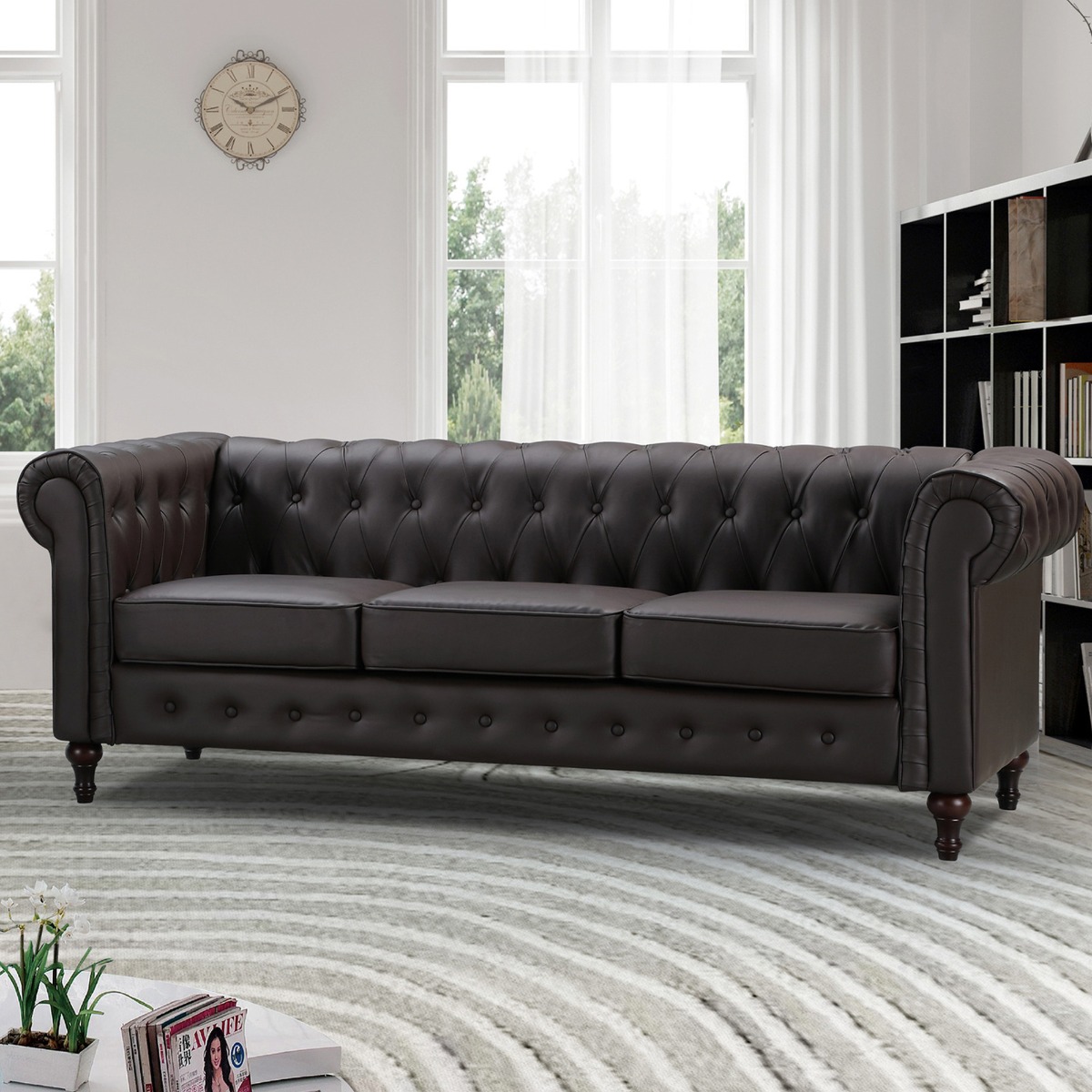 3 Seater Sofa - BELFORIA Leather Chesterfield Sofa - Brown - Archie Homes