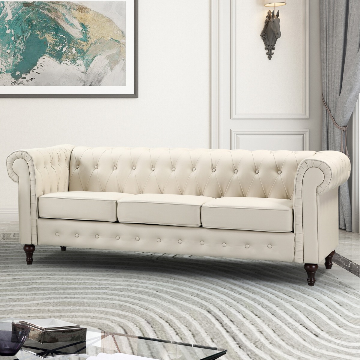 3 Seater Sofa - BELFORIA Leather Chesterfield Sofa - Cream - Archie Homes