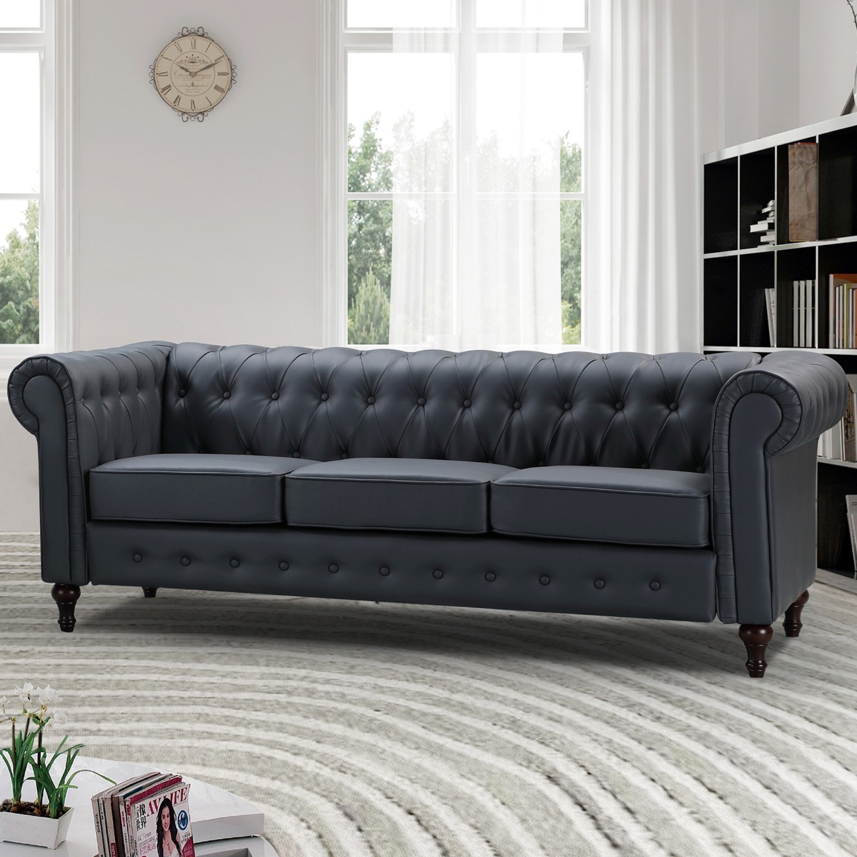 3 Seater Sofa - BELFORIA Leather Chesterfield Sofa - Grey - Archie Homes
