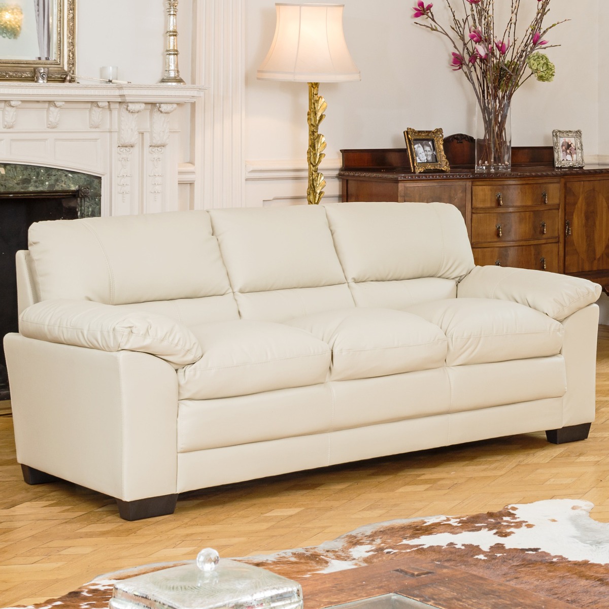 3 Seater Sofa - LEVRANO Leather Sofa - Cream - Archie Homes