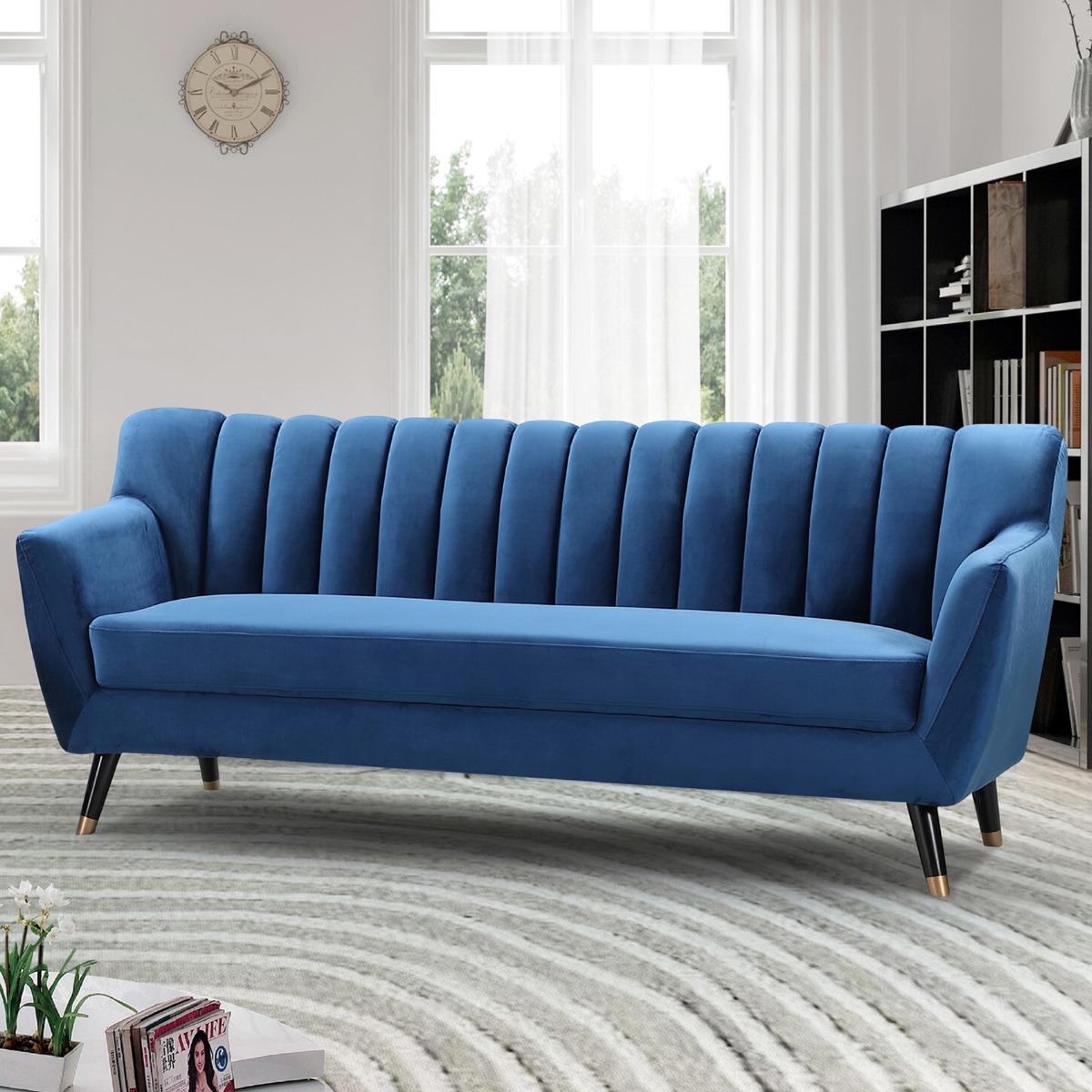 3 Seater Sofa - VIVENTO Velvet Fabric Sofa - Blue - Archie Homes