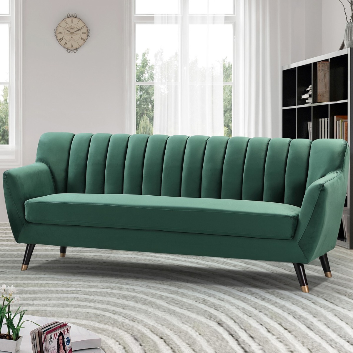 3 Seater Sofa - VIVENTO Velvet Fabric Sofa - Green - Archie Homes